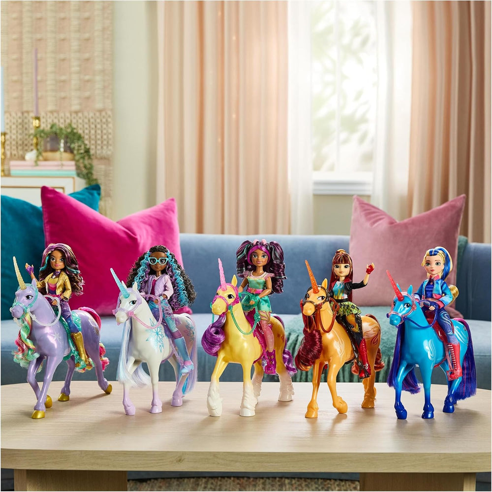 Unicorn River Unicorn Academy - Licorne Isabel originale de 28 cm de haut de la série Netflix, avec crinière et queue réelles, bride, selle et brosse amovibles, pour les enfants à partir de 4 ans
