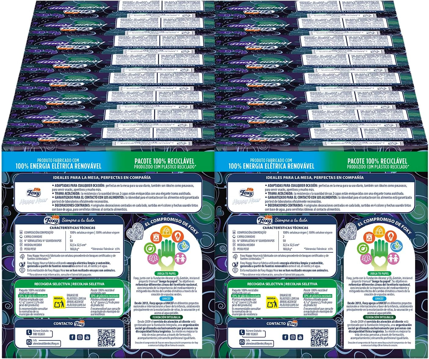 Happy Hour | Lingettes double couche | 16 paquets À 50 pièces À 33 X 33 Cm | Certifié FSC | Électricité 100% renouvelable | Emballage recyclable fabriqué à partir de plastique recyclé