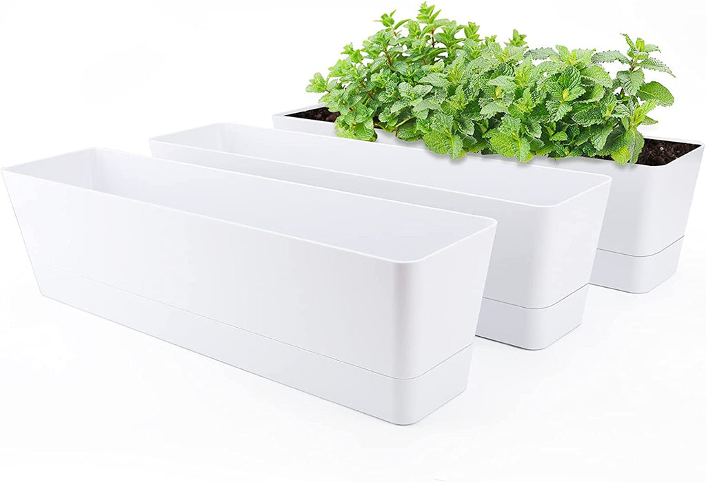 Set de 3 ghivece dreptunghiulare (40,6 × 9,7 cm) cu farfurioare – ghivece albe din plastic pentru ierburi, flori, legume – pentru balcon, grădină, pervaz, interior și exterior