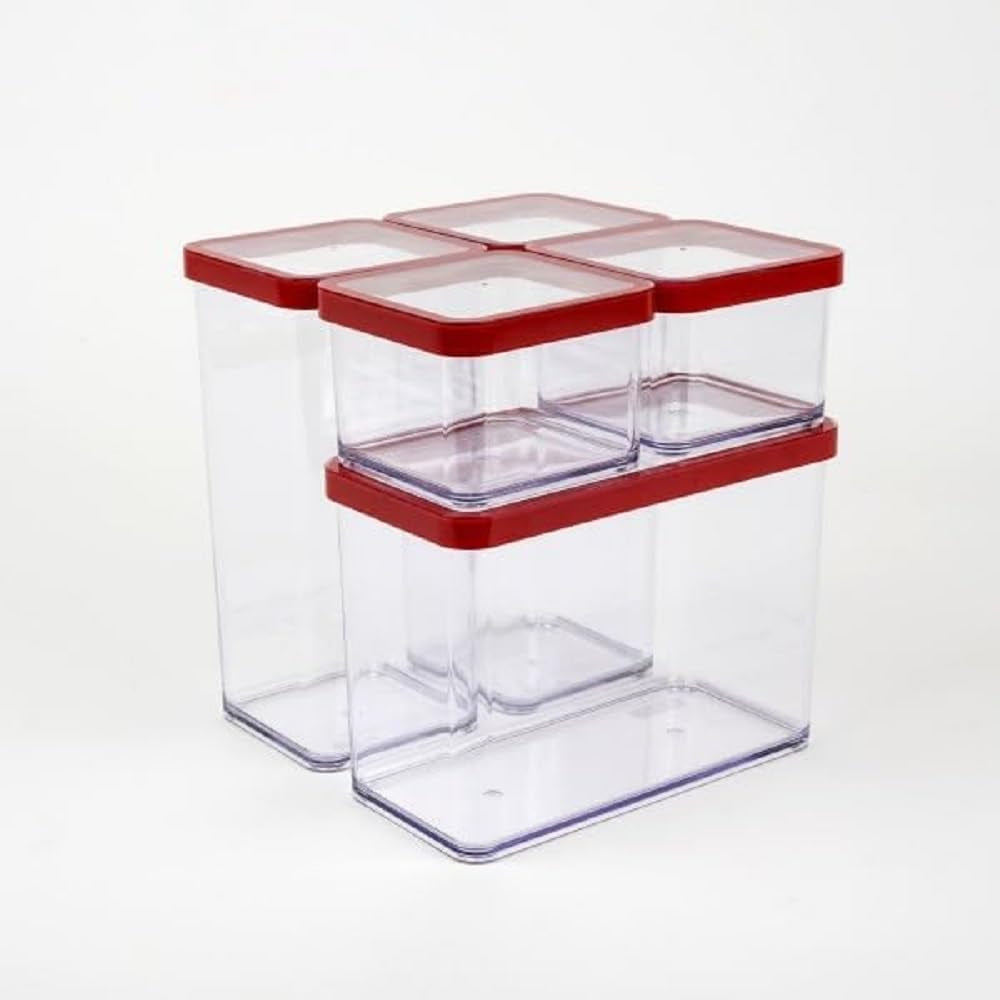 Rotho Loft Lot de 5 bocaux de conservation avec couvercles, différentes tailles, plastique alimentaire (PP) sans BPA, transparent/rouge, (21,4 x 21,4 x 23,5 cm)