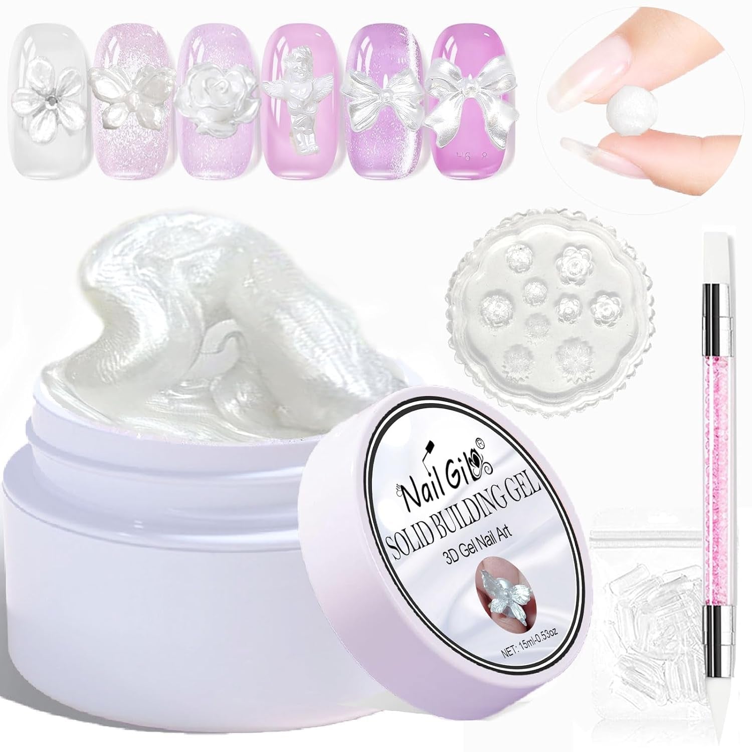 NAILGIL Vernis à ongles en gel solide, colle à ongles en gel solide, sculpture d'art d'ongle 3D avec ensemble d'outils, salon de bricolage à domicile, transparent 15G