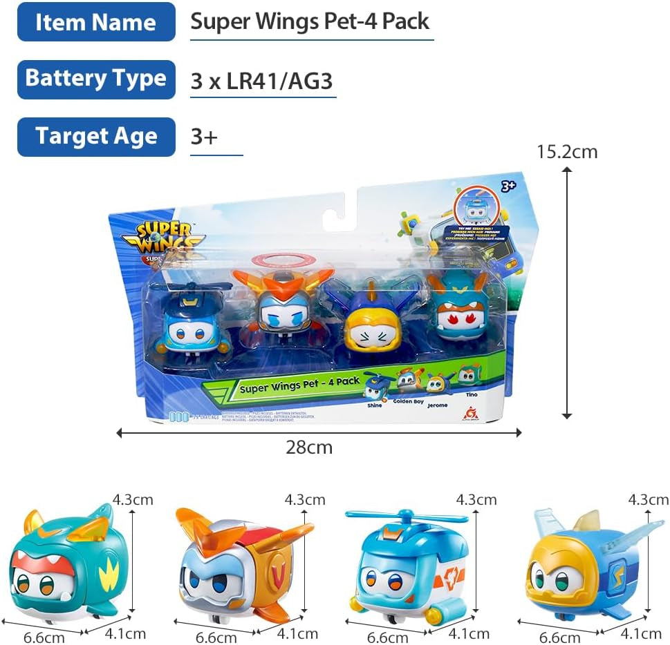 Super Wings Super Pets 4 PCS Shine, Golden Boy, Jerome, Ellie Expression faciale commutable Effet foudre Jouet portable pour 3 4 5 6 7 8 ans Garçon Fille Figurines d'action 2 pouces Naty Shop