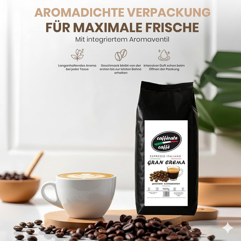 Cafferato Caffè Gran Crema – 1 kg de café en grains | Expresso italien | Faible acidité, avec des notes de noix et de chocolat | Grains entiers pour expresso et café de spécialité | Avec valve de saveur