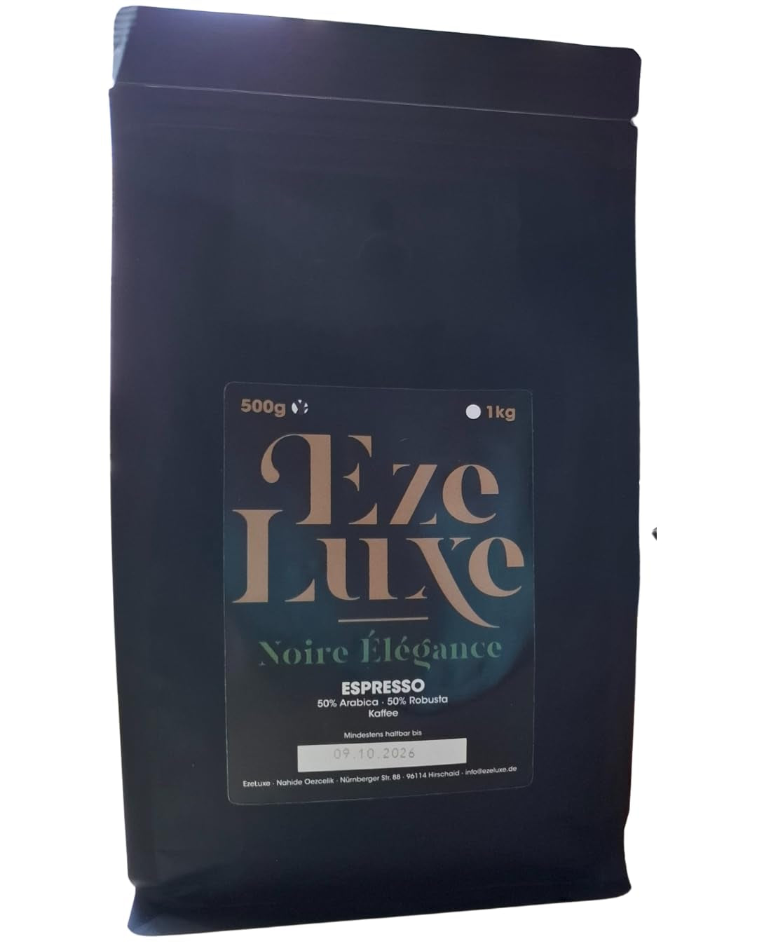 Café Espresso Noire Elégance 1kg - 50% Arabica et 50% Robusta/Brésil et Inde - torréfaction moyenne, fort et crémeux, chocolat noir - intensité 8 - machine à expresso offerte