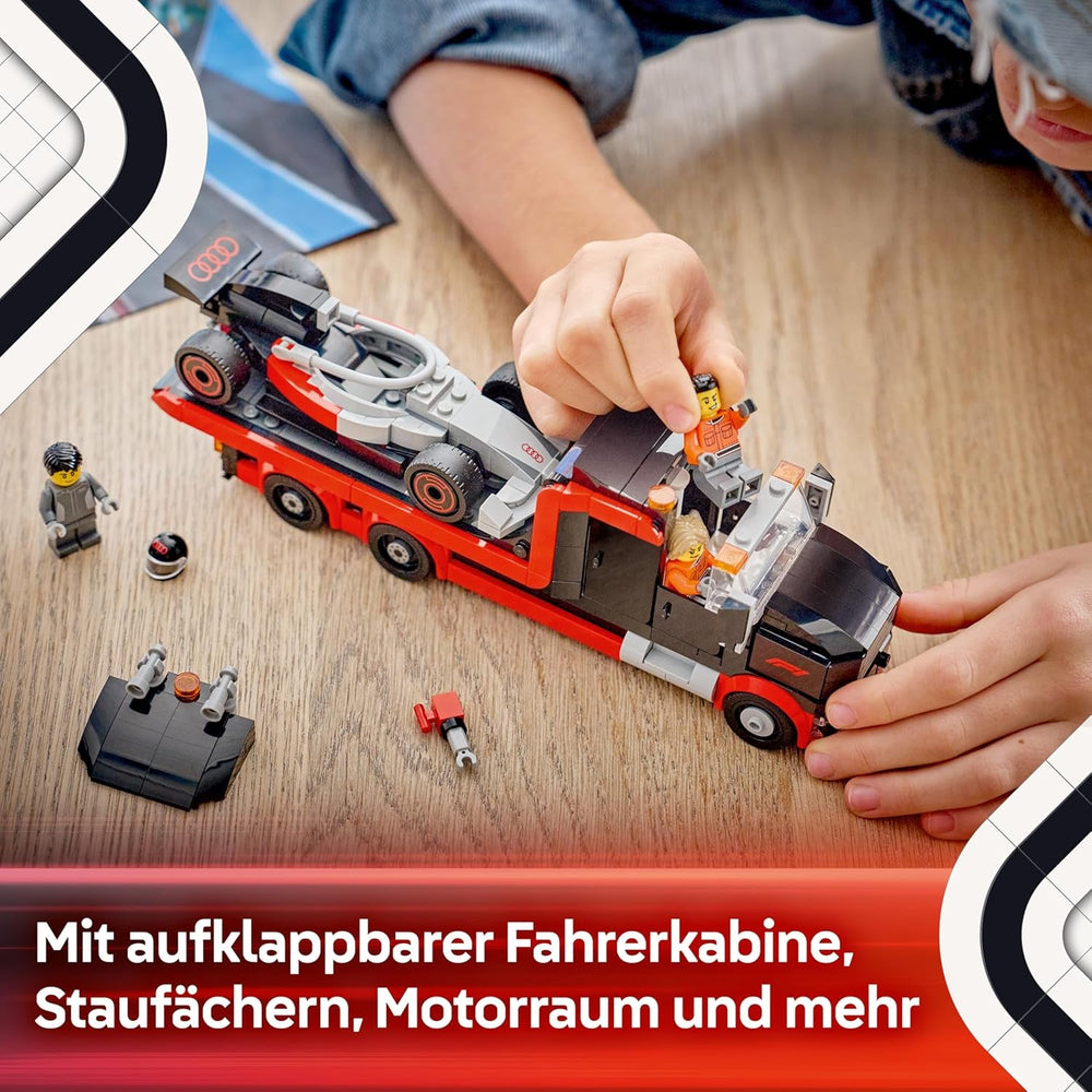 LEGO City F1 Truck mit Audi F1 Rennwagen - Spielzeug Modellbau mit 3 Minifiguren und Fahrzeug Hebefunktion - Geschenkidee für Jungen ab 7 Jahren und Motorsportfans - 60493