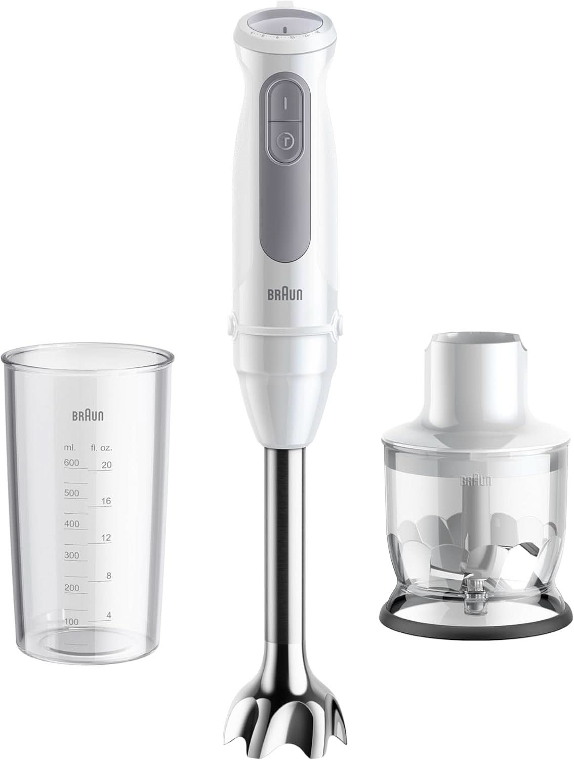 Braun Stabmixer MQ 5200WH - Multiquick 5 Vario Pürierstab Mit Edelstahl Mixfuß, 1000 Watt, Inkl. 600 Ml Mix- & Messbecher, Weiß/Grau Cuisine Naty Shop Version 2024 - Edelstahlschaft