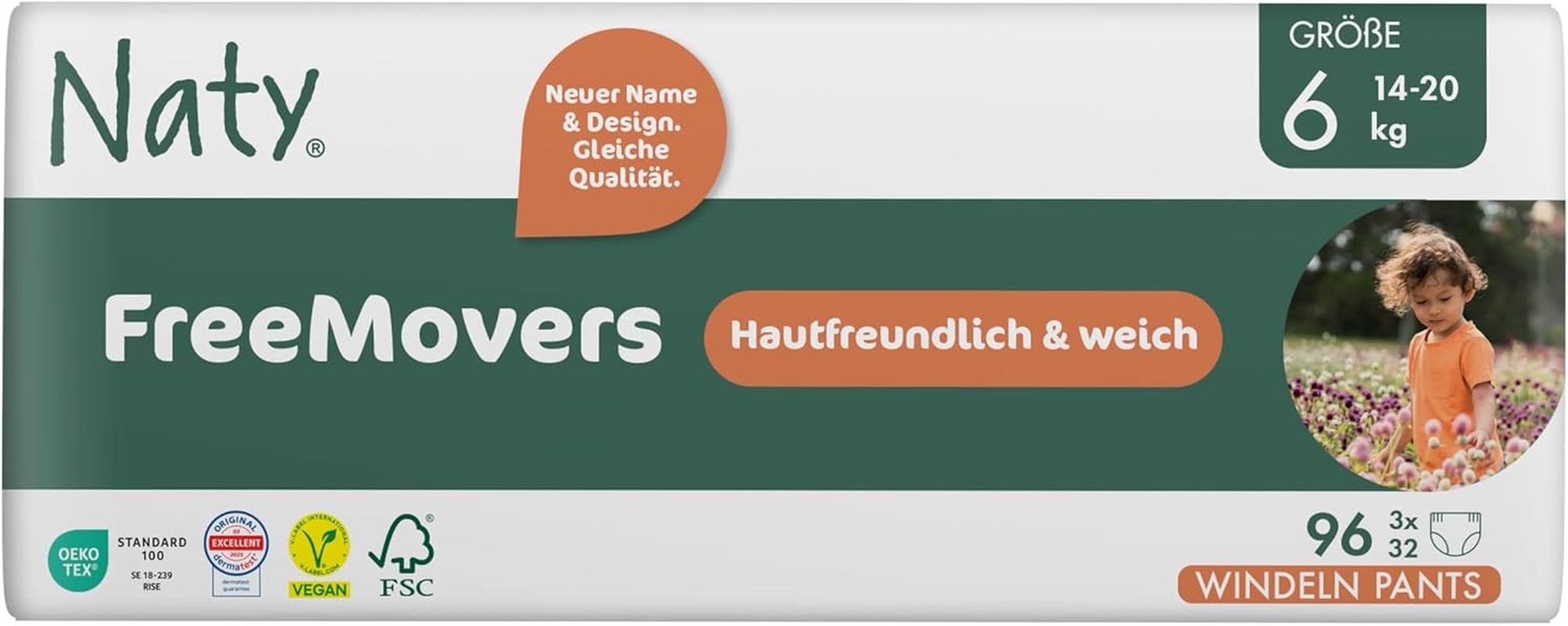 Couches pour bébé Naty FreeMovers | Couvre-couches certifiés respectueux de la peau | Doux et sans parfum | Absorbant et étanche | Testé dermatologiquement Taille 5 (12-18 kg) | 80 pièces