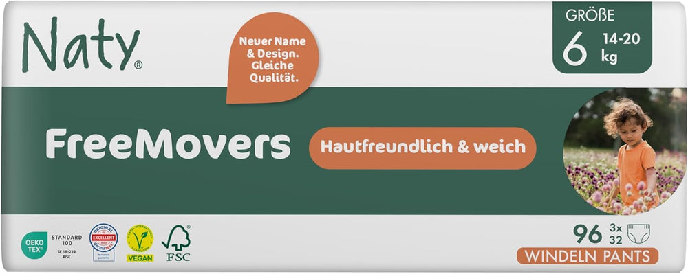 Couches pour bébé Naty FreeMovers | Couvre-couches certifiés respectueux de la peau | Doux et sans parfum | Absorbant et étanche | Testé dermatologiquement Taille 5 (12-18 kg) | 80 pièces