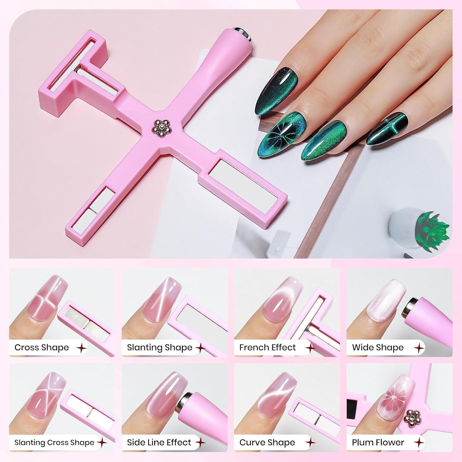 SUPWEE Outil magnétique pour ongles 5 en 1, aimant œil de chat rose pour ongles, stylo magnétique multifonction DIY, ensemble de stylos magnétiques 3D magiques, bâton magnétique pour Nail Art, outil de bricolage