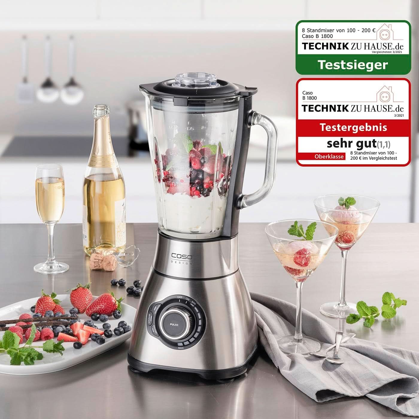 CASO B 1800 Powerblender-Set - Batteur sur socle, 28 000 U/Min, Glasbehälter 1,75 L, Inkl. Trinkflasche Und Zerkleiner, Mixer Testsieger Mit Sehr Gut, Edelstahl Naty Shop