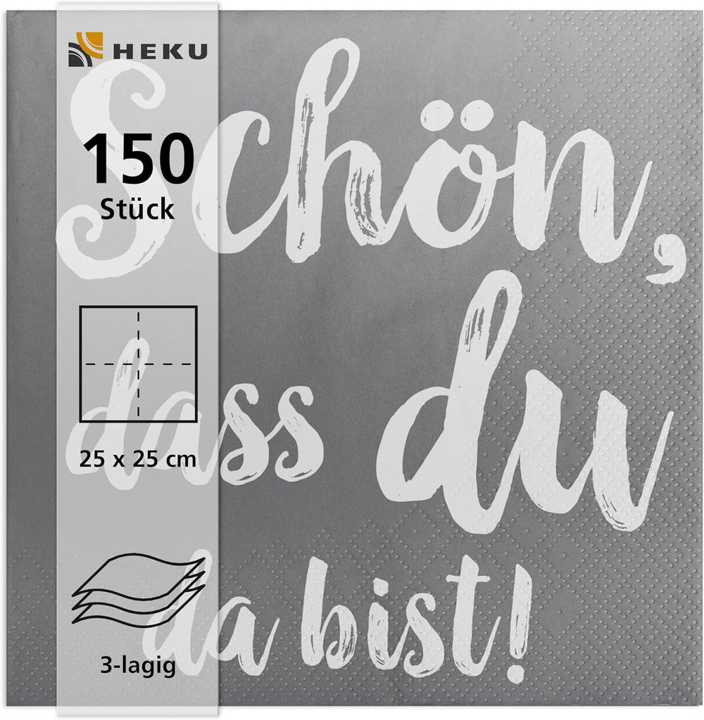 Serviettes de cocktail HEKU 'Schön Dass Du Da Bist', 3 couches, 25X25Cm, 150 pièces I Design élégant I Idéal pour les célébrations I Pratiquement emballé