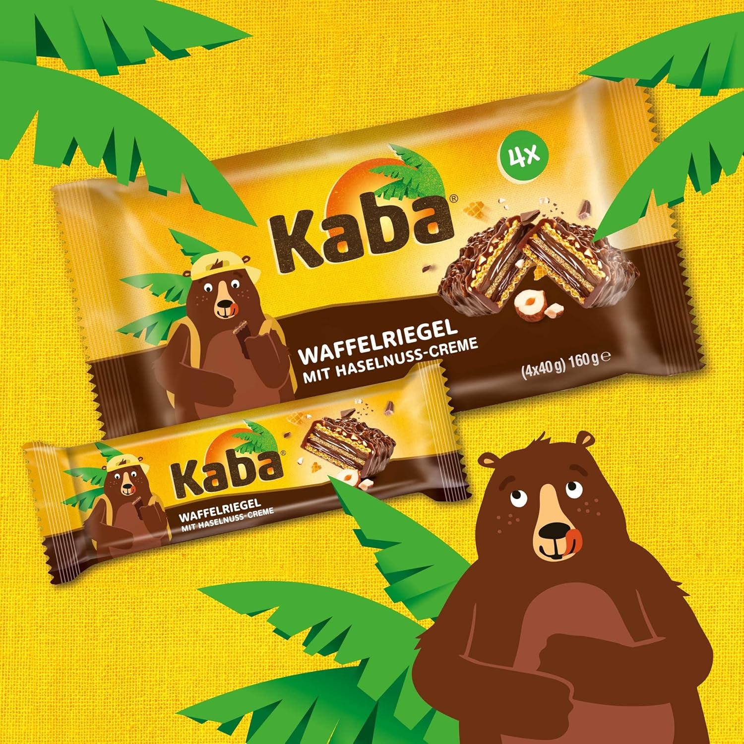 Barres napolitaines Kaba 40g, 4 barres croquantes fourrées de gaufrettes et de fine crème de noisettes, en multipack au goût original Kaba