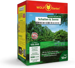 Wolf-Garten „Schatten & Sonne“ Premium-Rasen LP 50 (Für 50 M², Sehr Hohe Dichte Mit Ca. 100.000 Trieben/M2, Besonders Strapazierfähig, Hohe Schattenverträglichkeit, 1Kg Faltschachtel) 3820031