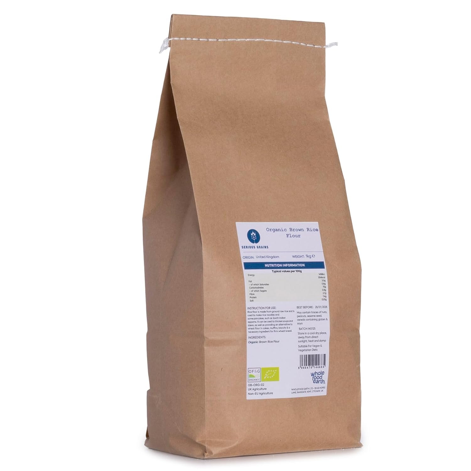 Farine de riz brun biologique Wholefood Earth – 3 kg | Sol en pierre | Sans OGM | Certifié biologique