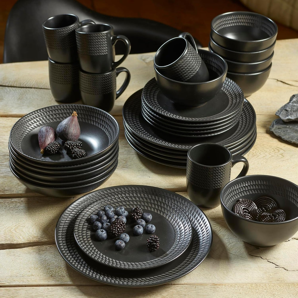 ECHTWERK 30-Teiliges Vintage Kombiservice "Blackstyle" Modern-Design, Für 6 Personen, Geschirrset Aus Steingut Mit 6 X Speiseteller, 6 X Beilagenteller, 6 X Schüssel, 6 X Teetassen, 6 X Suppenteller Sets de table Naty Shop