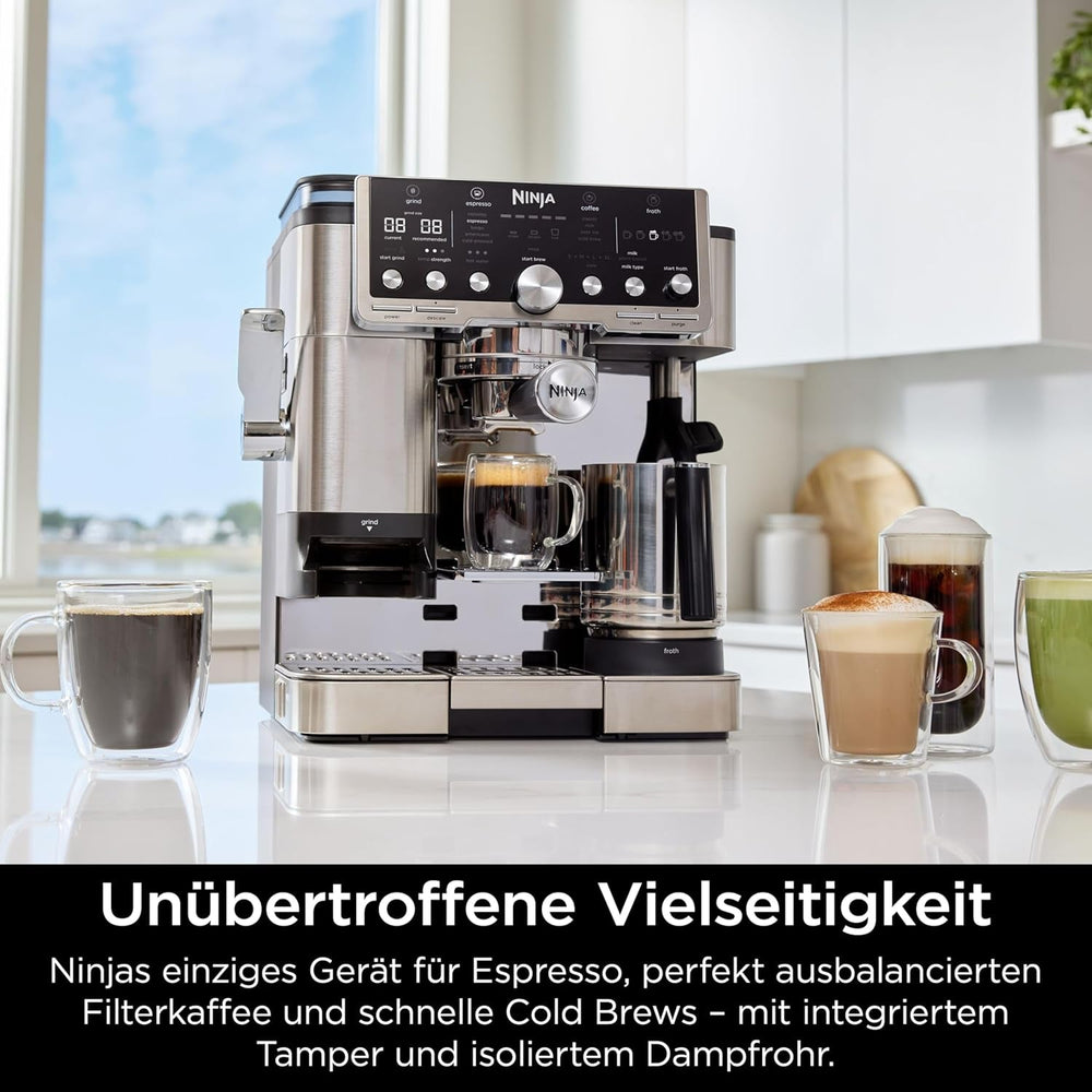 Ninja Luxe Pro Cafetière 3 en 1 avec moulin et mousseur pour latte, cappuccino, infusion à froid et expresso, facile à utiliser, 5 préréglages de mousseur, argent, ES701EU