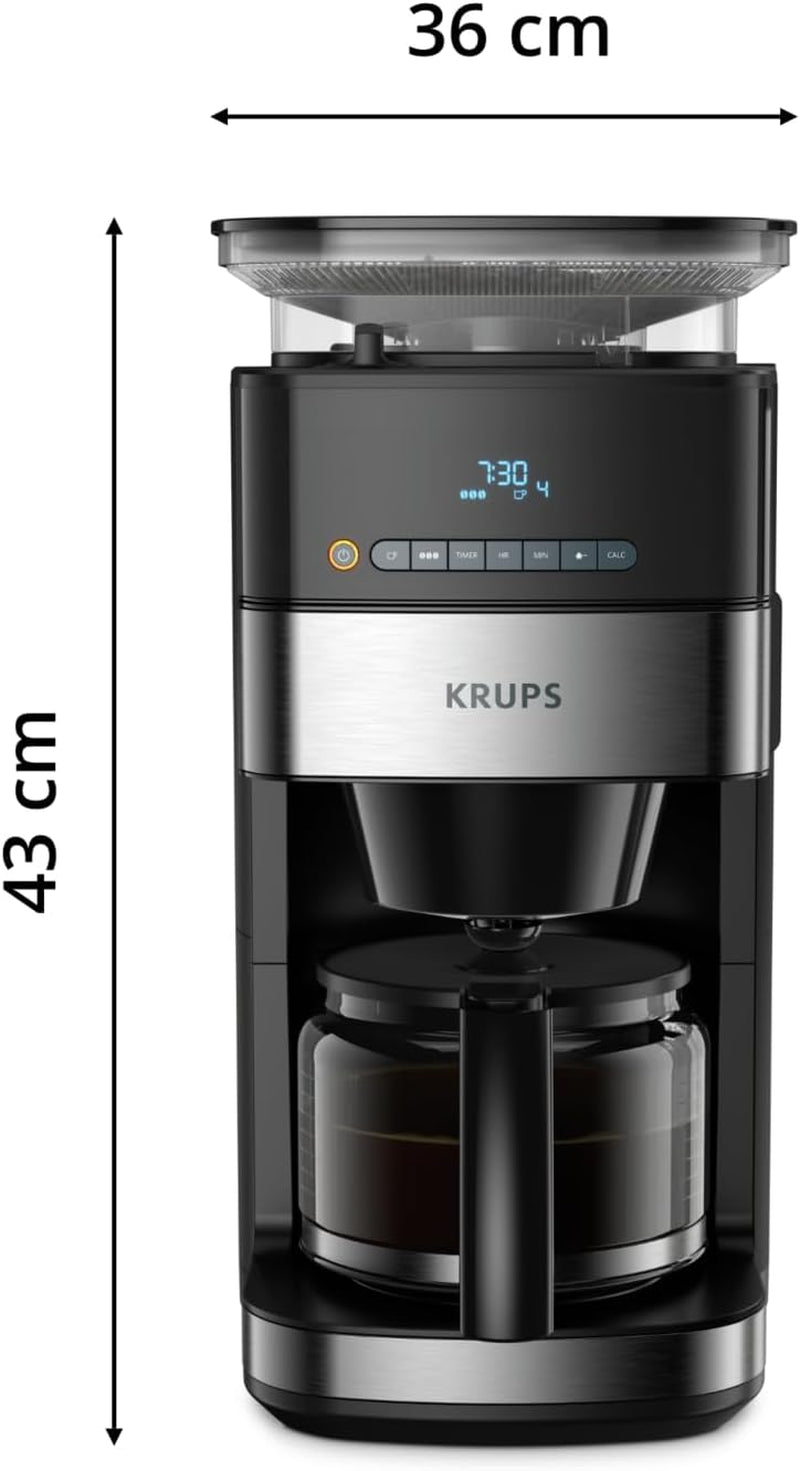 Machine à expresso Krups KM8328 Grind avec broyeur | Minuterie 24 heures | Contenant à céréales 180 g | Capacité 1,25 l pour jusqu'à 15 tasses de café | Fonction de mise hors tension automatique | 3 réglages de mouture | Noir