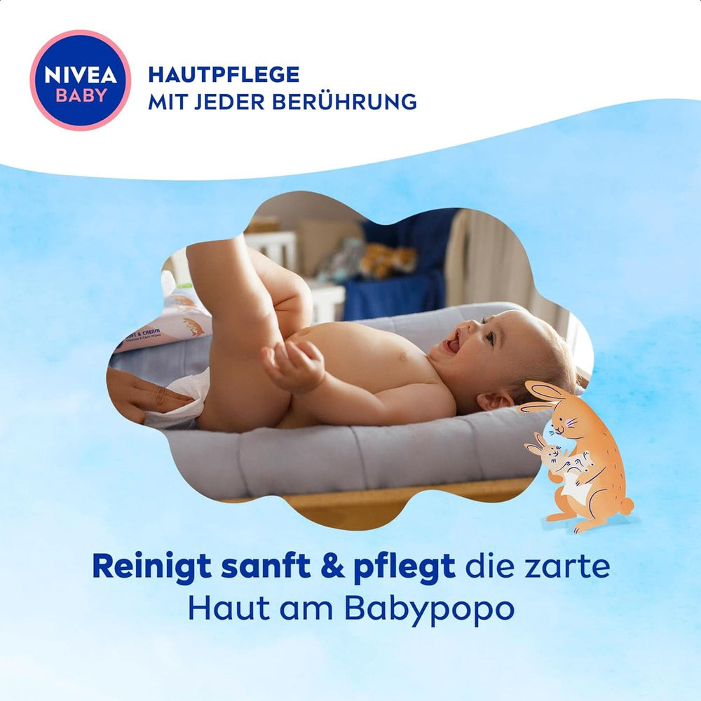 Lingettes humides NIVEA Baby AQUA, lingettes bébé pour un nettoyage délicat des peaux sensibles, lingettes humides pour bébé hypoallergéniques et sans parfum à 99% d'eau (4 x 57 pièces) Lingettes humides bébé Naty Shop