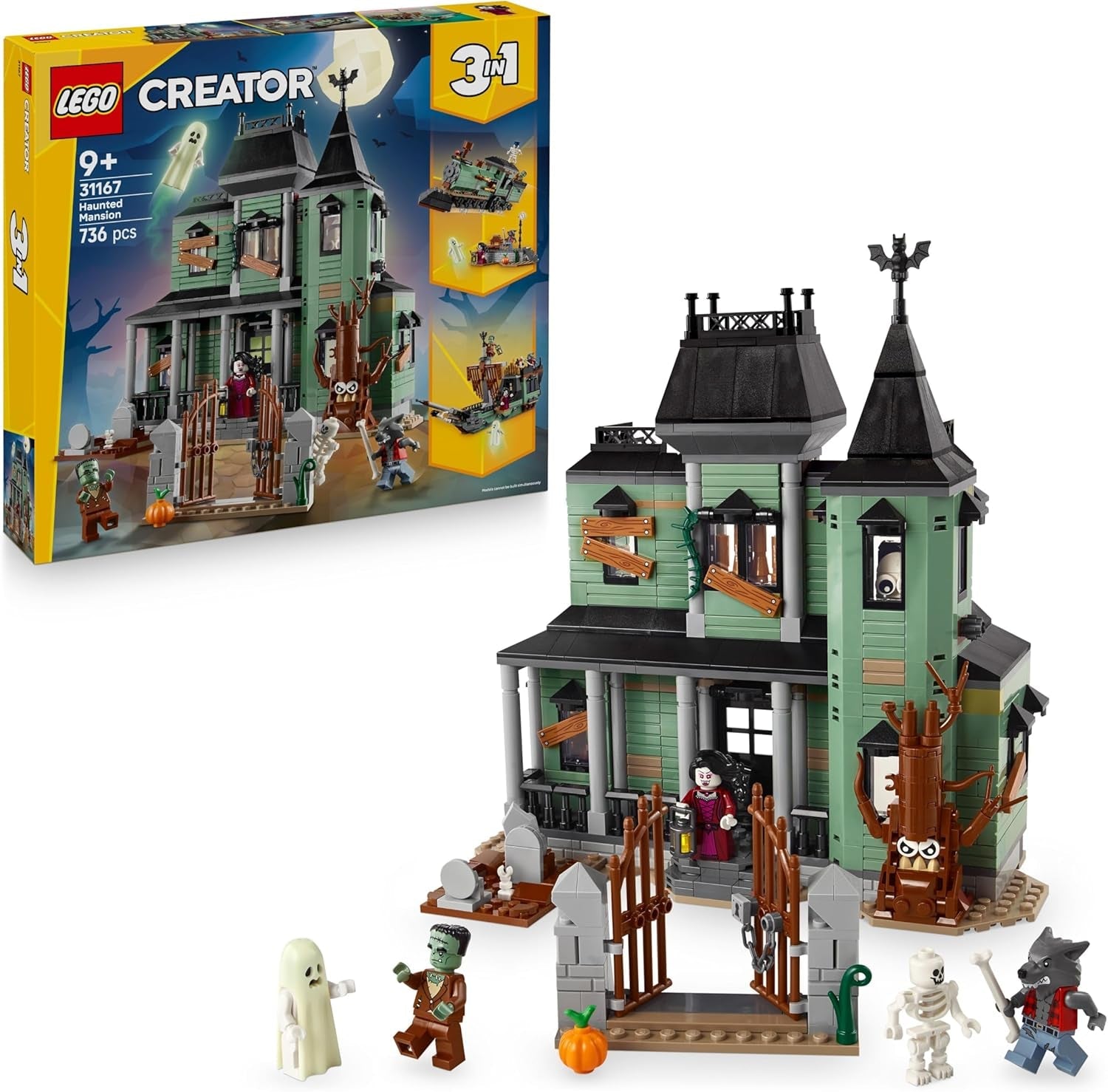 LEGO Creator Geisterhaus - 3-in-1 Spielzeug mit Haus - Bauset umbaubar in Schiff oder Zug - Mit 5 gruseligen Minifiguren - Cooles Halloweengeschenk für Jungen und Mädchen ab 9 Jahren - 31167