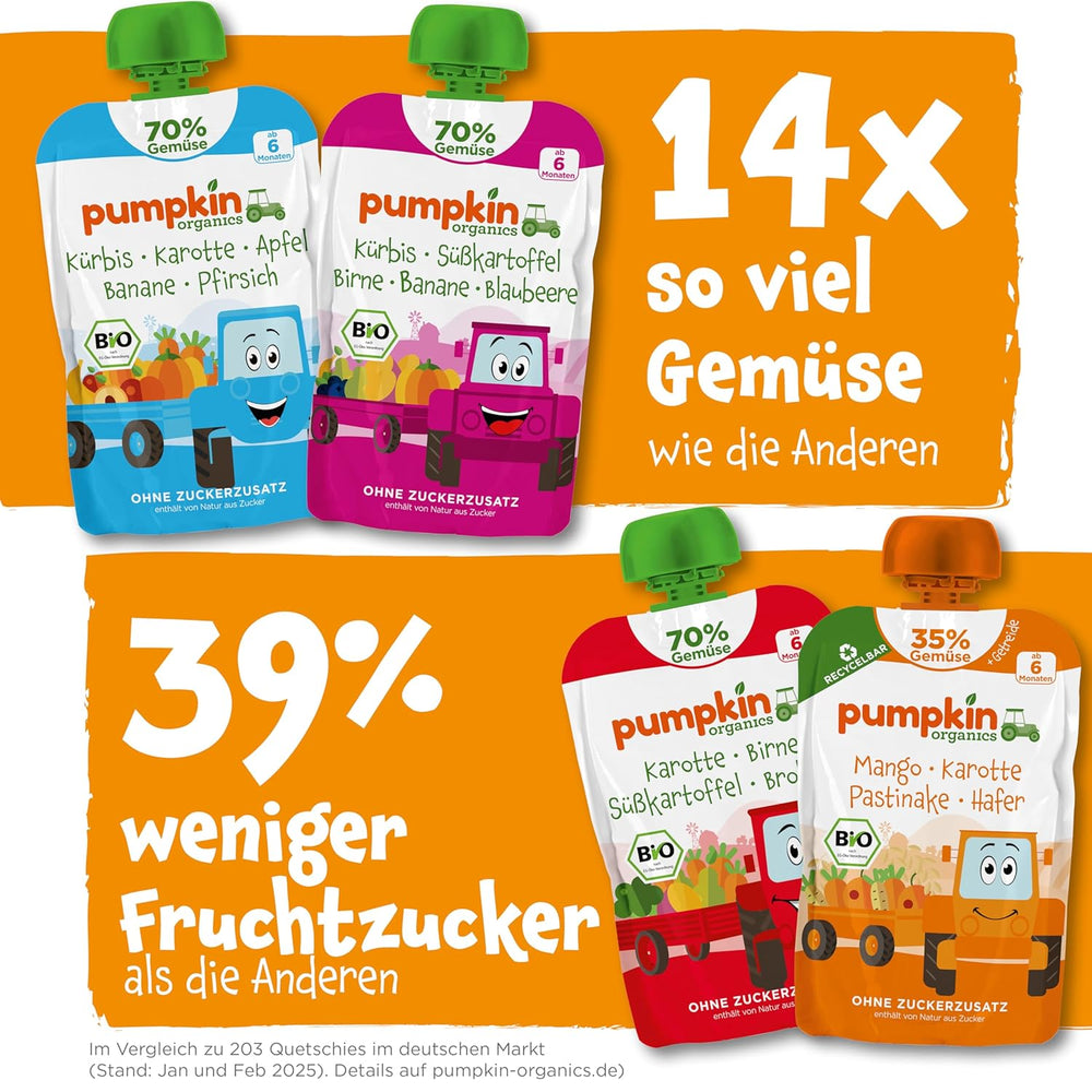 Sachets de légumes et céréales biologiques Pumpkin Organics, pack de 8 : Poire, Fraises, Patate douce, Betterave, Banane, Avoine - Sans sucre ajouté¹ - Dès 6 mois - comme collation ou aliment complémentaire dans l'emballage (8 x 100g)