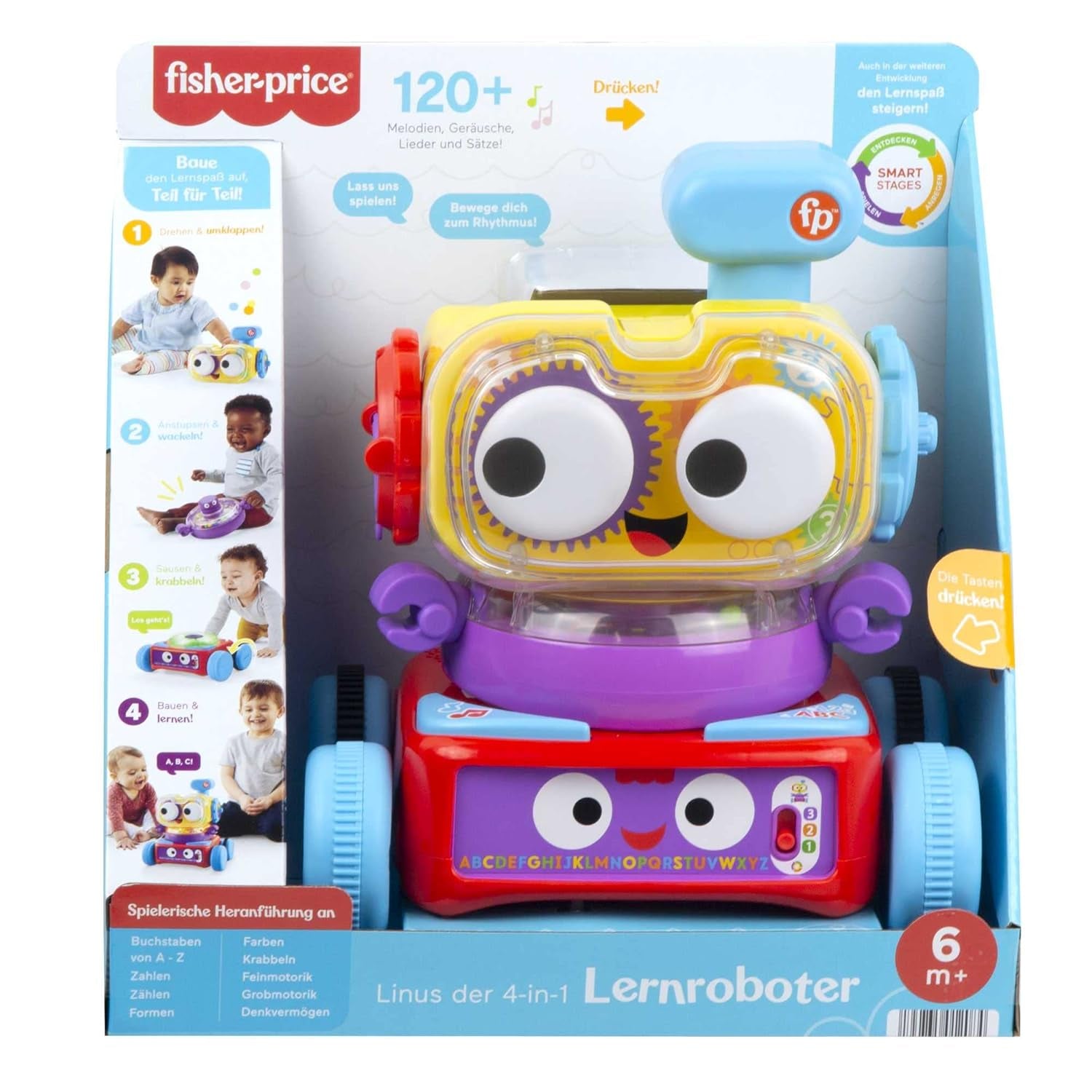 Fisher-Price 4-in-1 robot de învățare Linus pentru bebeluși și copii mici, jucărie de la 6 luni - vorbitor de germană, HCK39 Jucarii Bebe Naty Shop