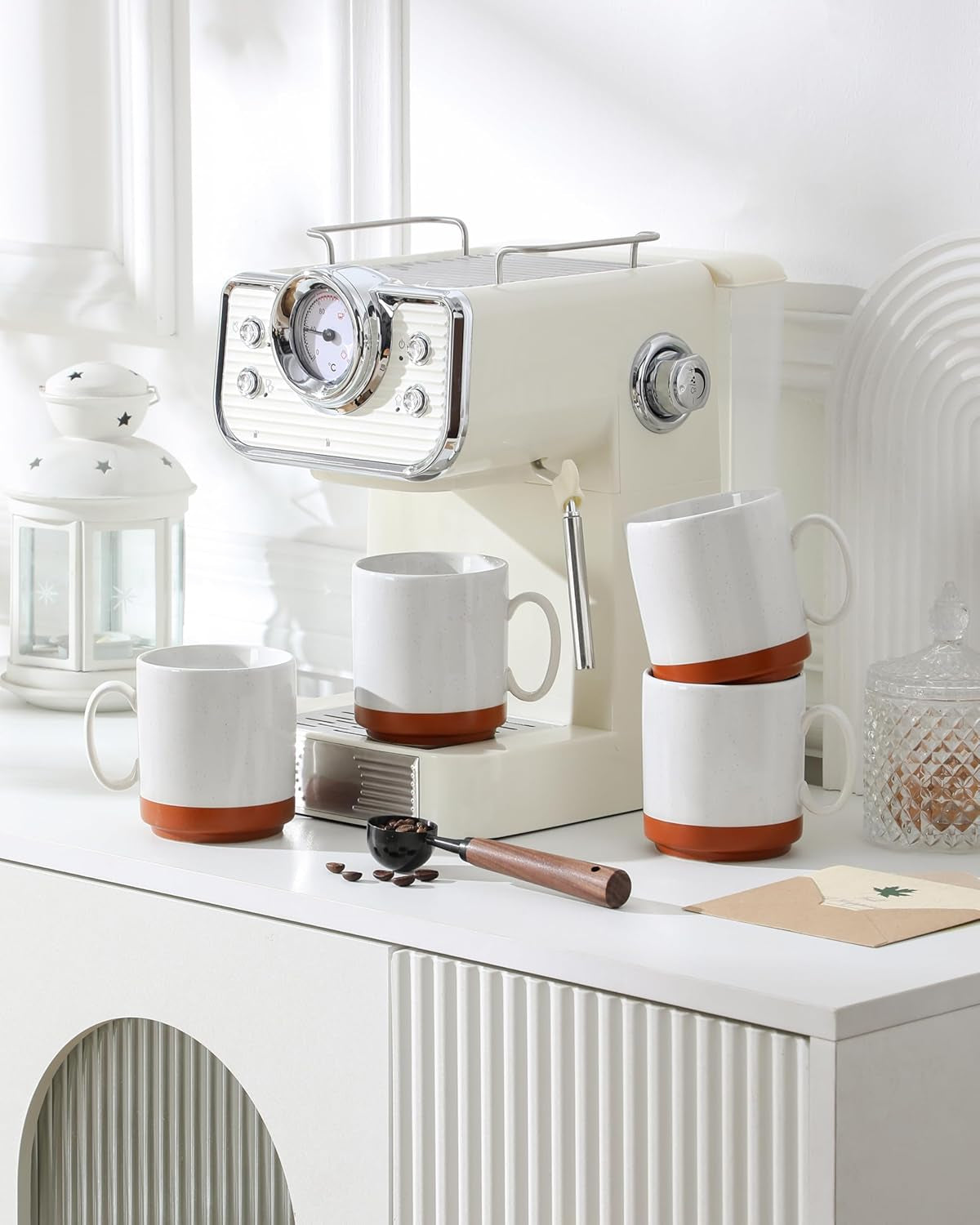 Ensemble de tasses à café MALACASA, ensemble de tasses en grès de 350 ml pour 4 personnes, tasses à café modernes pour thé, jus, latte, cappuccino, chocolat chaud. Va au lave-vaisselle et au micro-ondes, série TARA, blanc kaki