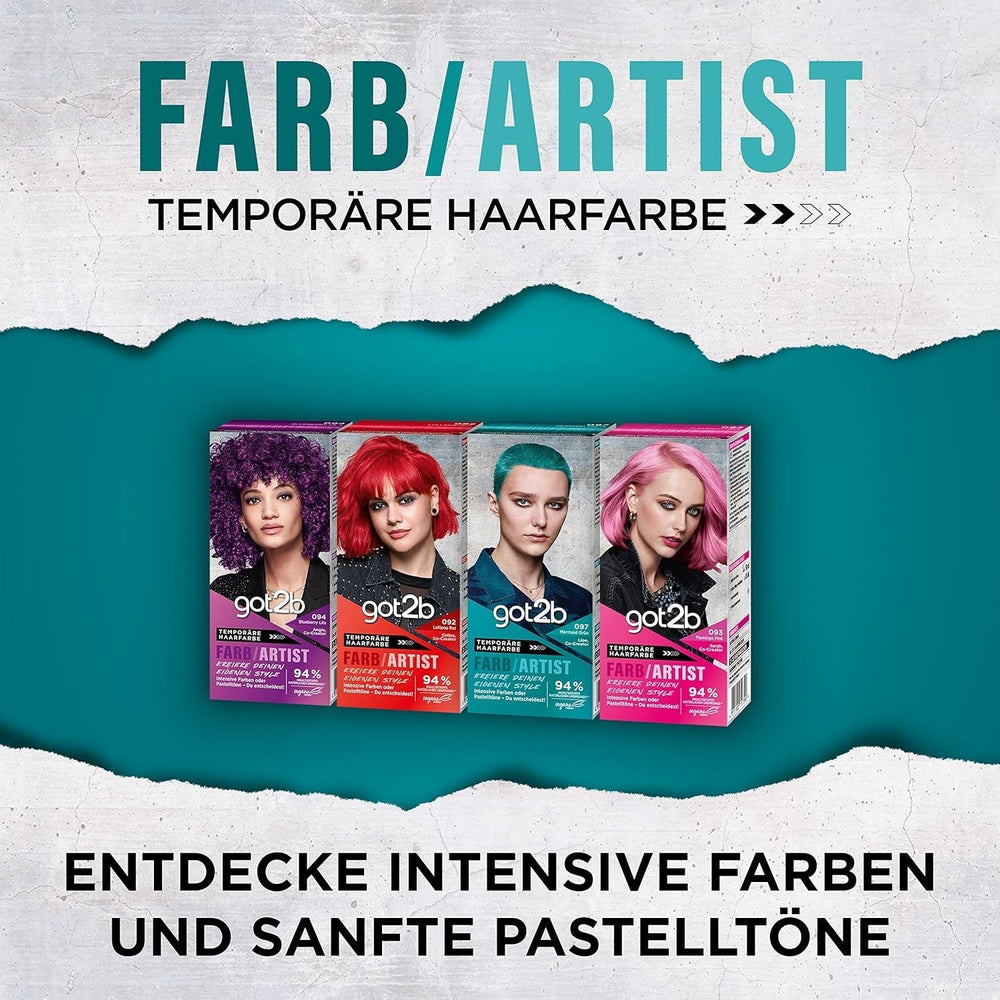 got2b Colour/Artist 097 Mermaid Green Niveau 2 (3x 80 ml), teinture capillaire temporaire fait briller les cheveux dans des couleurs intenses ou des tons pastel, la teinture capillaire dure 12-15 lavages, formule végétalienne Teinture capillaire Naty Shop