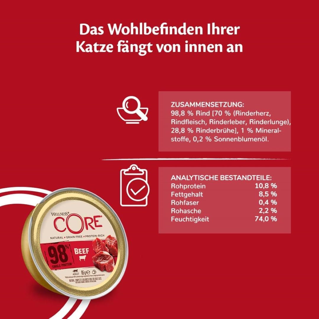 Wellness CORE 98% 12 x 85g, Boeuf - Nourriture humide pour chats, pâté épais, sans céréales, naturelle, hypoallergénique, riche en protéines, riche en viande
