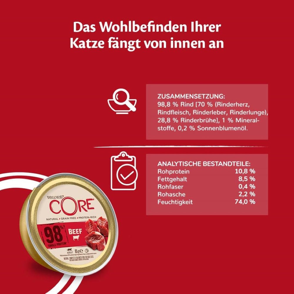 Wellness CORE 98% 12 x 85g, Boeuf - Nourriture humide pour chats, pâté épais, sans céréales, naturelle, hypoallergénique, riche en protéines, riche en viande