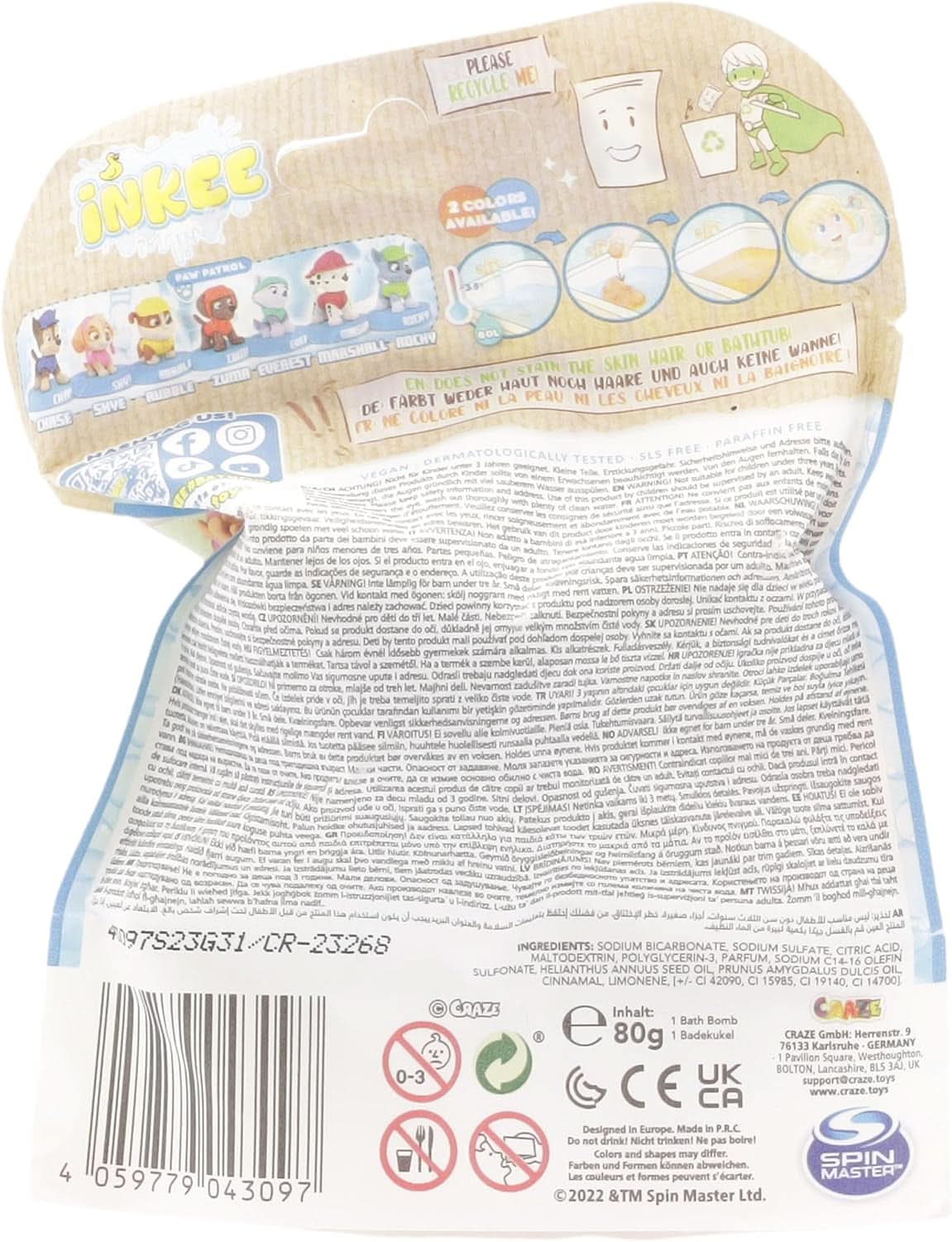 INKEE SURPRISE PAW PATROL, Bombe de bain pour enfants avec surprise, saveur cola, effet mousse, 80 grammes Douche et bain Naty Shop