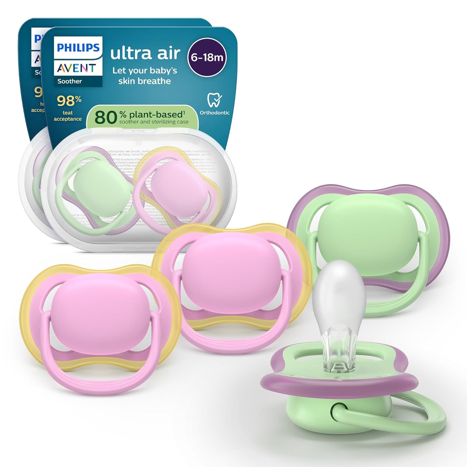 Sucettes Philips AVENT ultra air - pack de 4 sucettes respirantes sans BPA pour bébés de 6 à 18 mois, comprenant étui de transport et stérilisation, motif tortue/baleine (modèle SCF085/66)