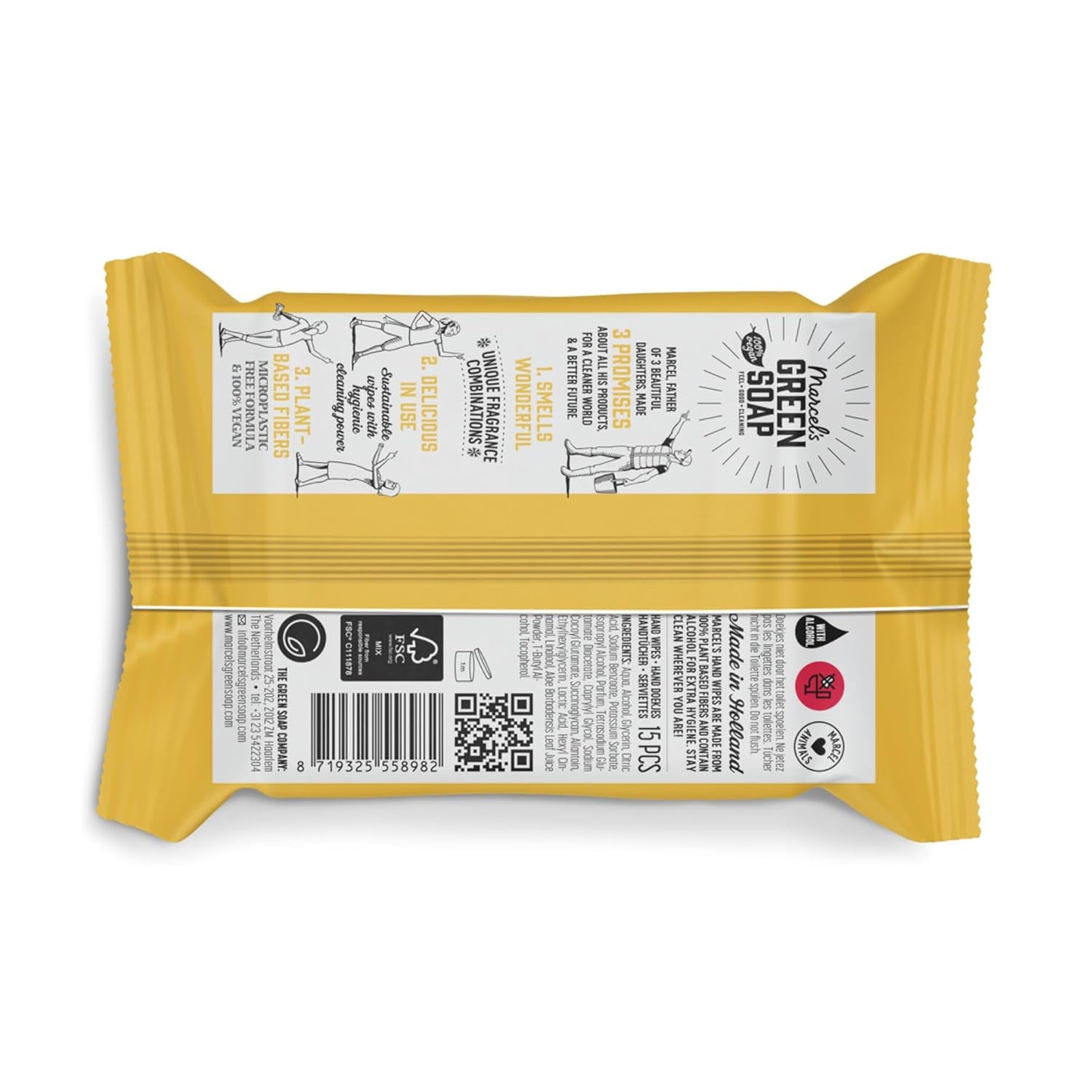 Paquet de 60 lingettes humides pour les mains au savon vert Marcel's - Vanille et fleur de cerisier - À base de plantes - Biologique