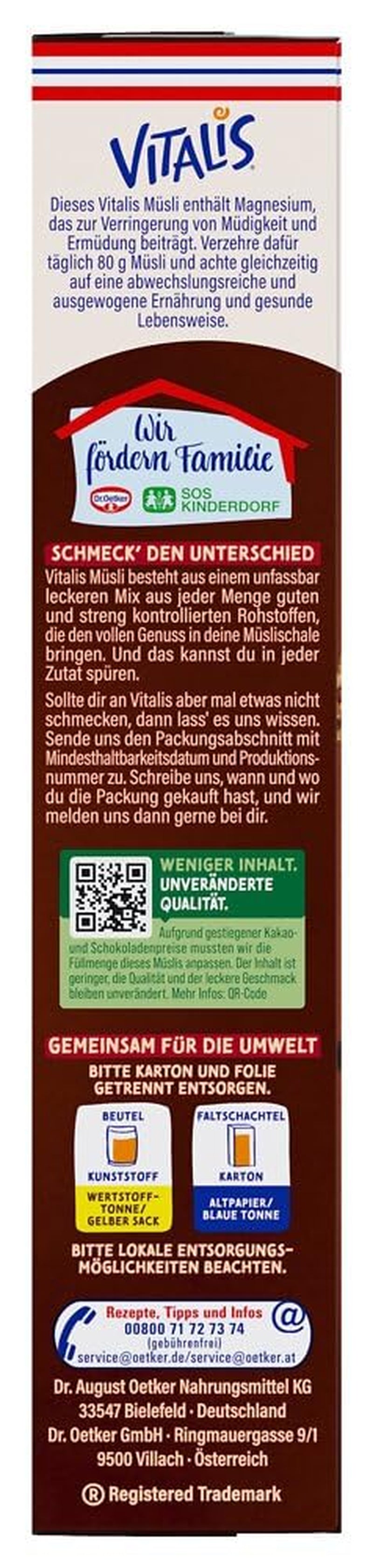 Dr. Oetker Vitalis KnusperPlus Double Chocolate : Muesli croustillant au chocolat au lait et noir, paquet de 7 (7 x 450g)