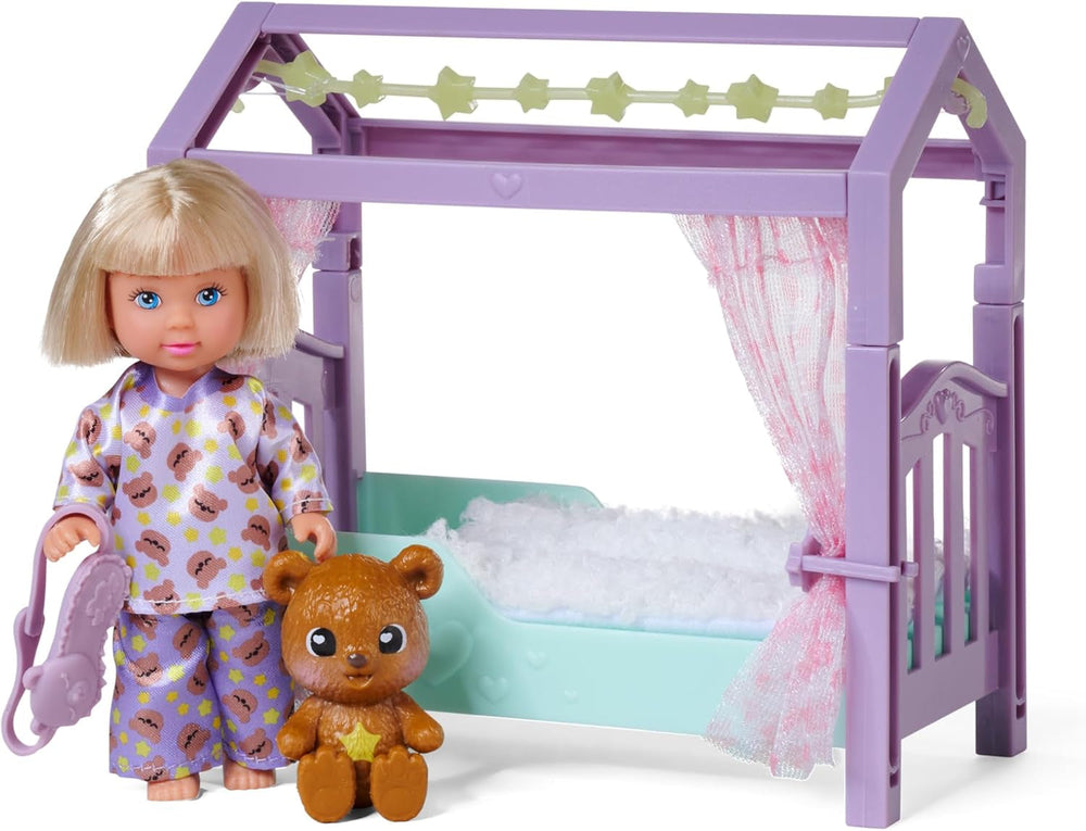 Simba Evi Love Teddy Bed, Spielpuppe im Schlafanzug mit Schlafmaske, Flauschiger Decke, Teddy und Bett mit Glow in the Dark, 12cm, ab 3 Jahren