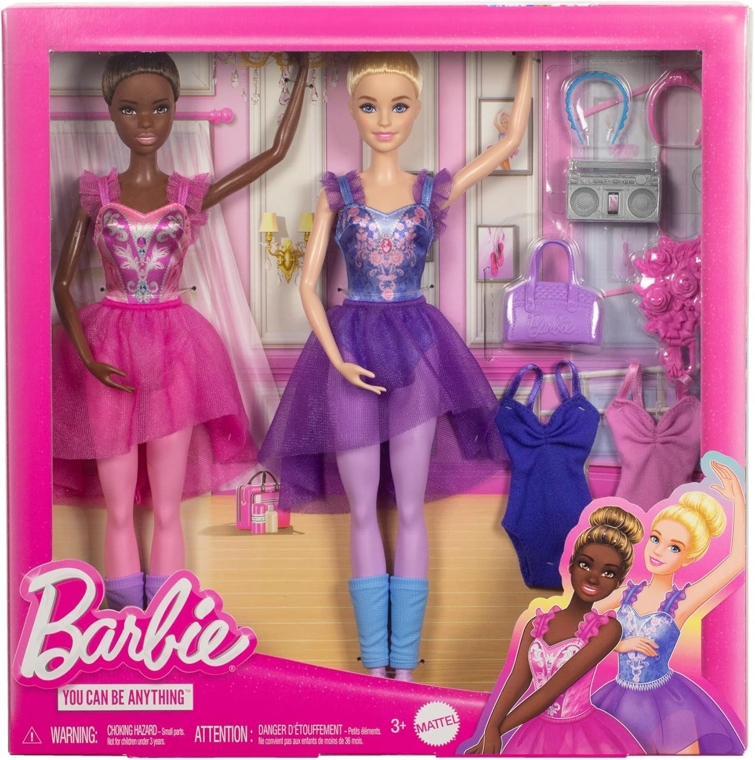 Barbie Ballettstudio Set mit 2 Puppen und 9 Zubehörteilen, blonde et brune Ballerina-Modepuppen mit aussietzem Outfit et zum Tanzmotto passten Teilen, HXC37, [Multicolor]