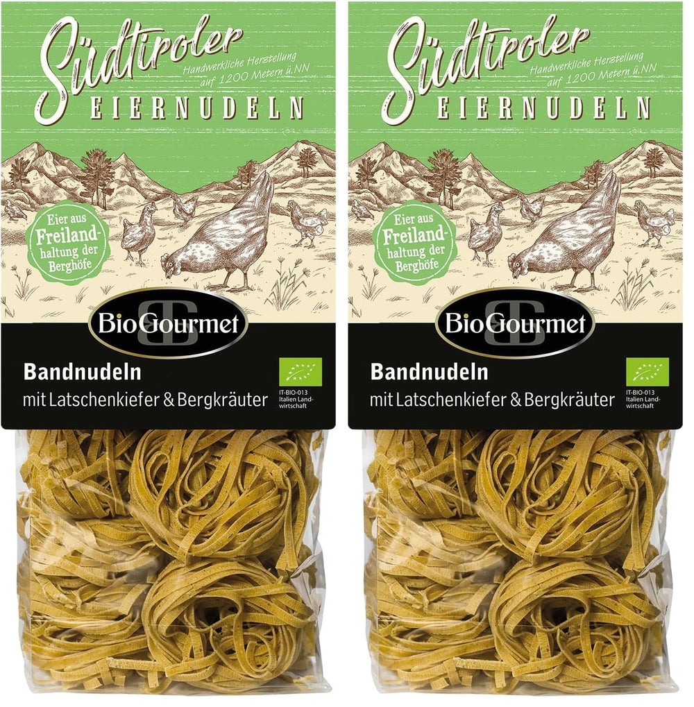 Nouilles en ruban BioGourmet au Schüttelbrot du Tyrol du Sud (IGP) | Nouilles aux œufs salées et aromatisées au véritable speck du Tyrol du Sud | 1 x 250g Bio