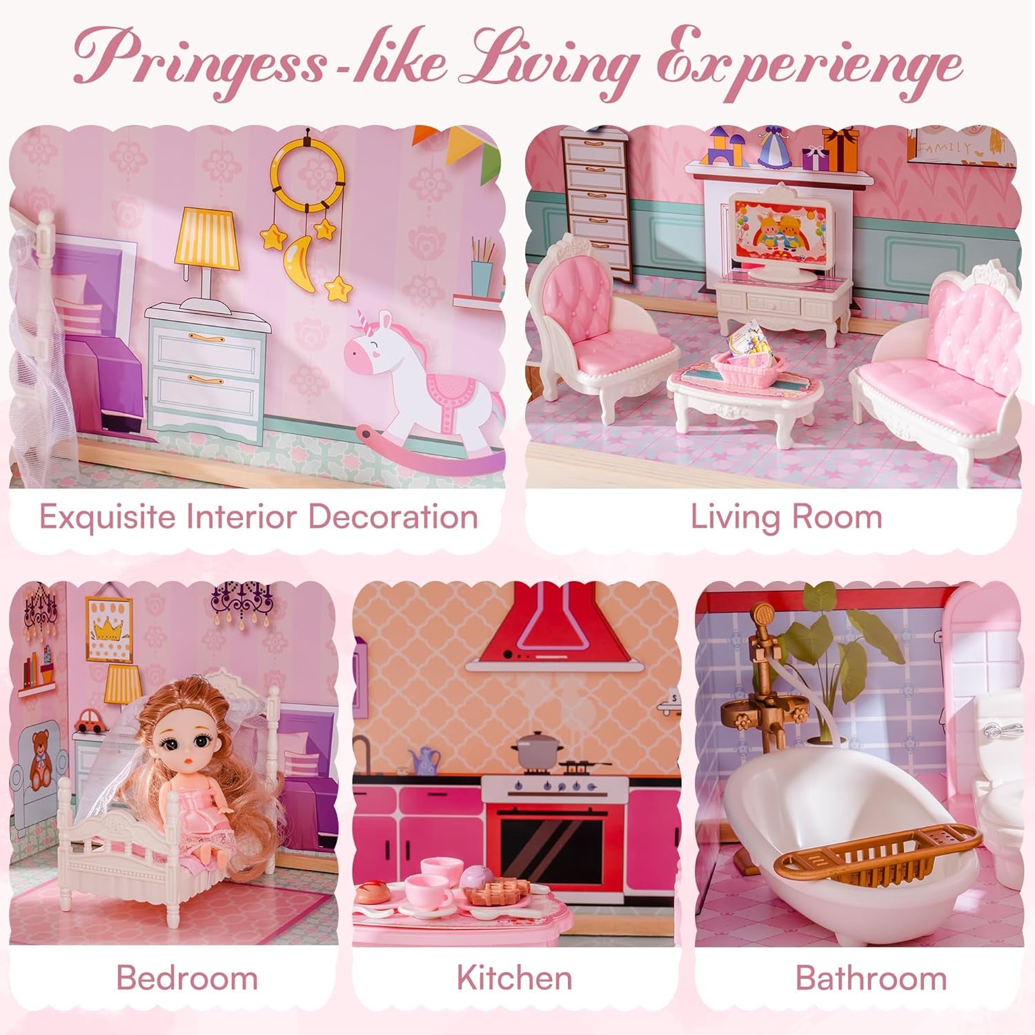 ROBUD Maison de poupée en bois pour enfants, cadeau de jouet de maison de poupée pour filles et garçons de 3, 4, 5, 6 ans