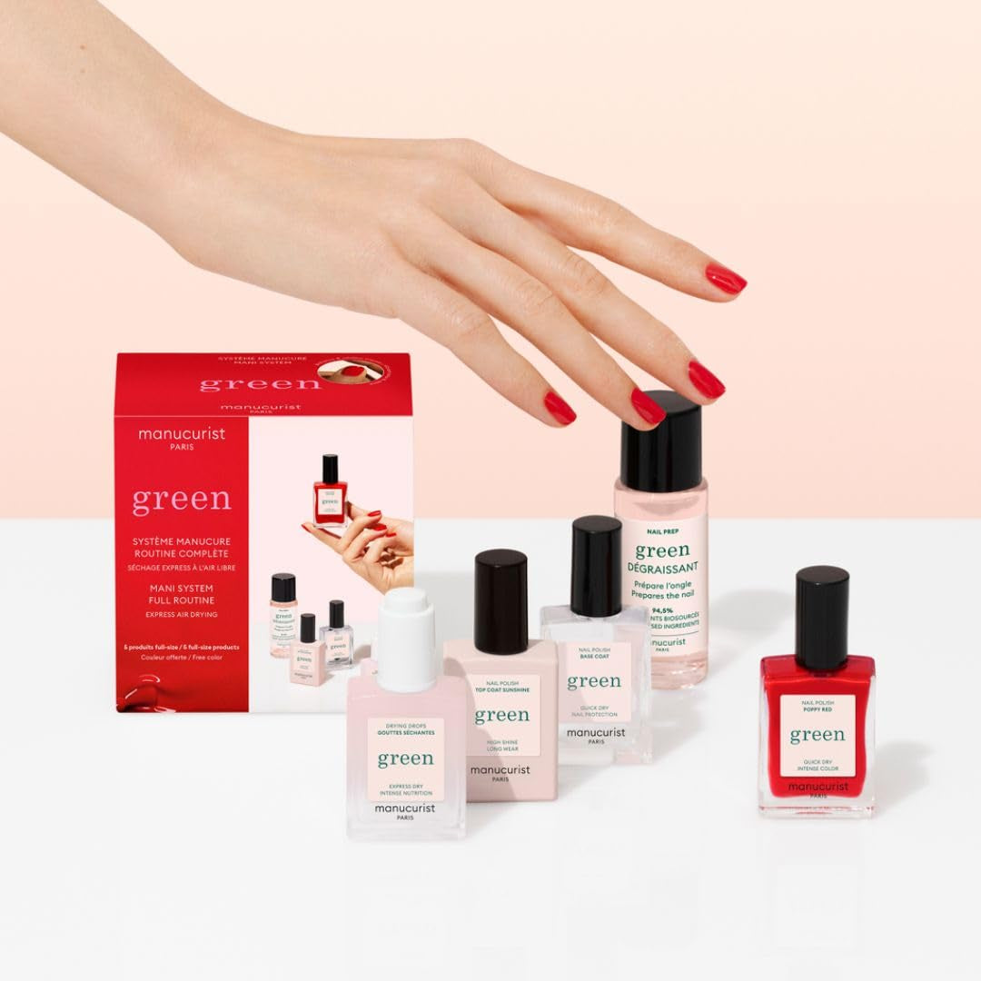 Manucurist Green™ System Rot (Poppy Red) Nagellack Set – Nägel Selber Machen - Vegan: 1 Fettlöser, 1 Base Coat und Top Coat, 1 Nagellack Poppy Red, Trocknungstropfen– Geschenke für Frauen