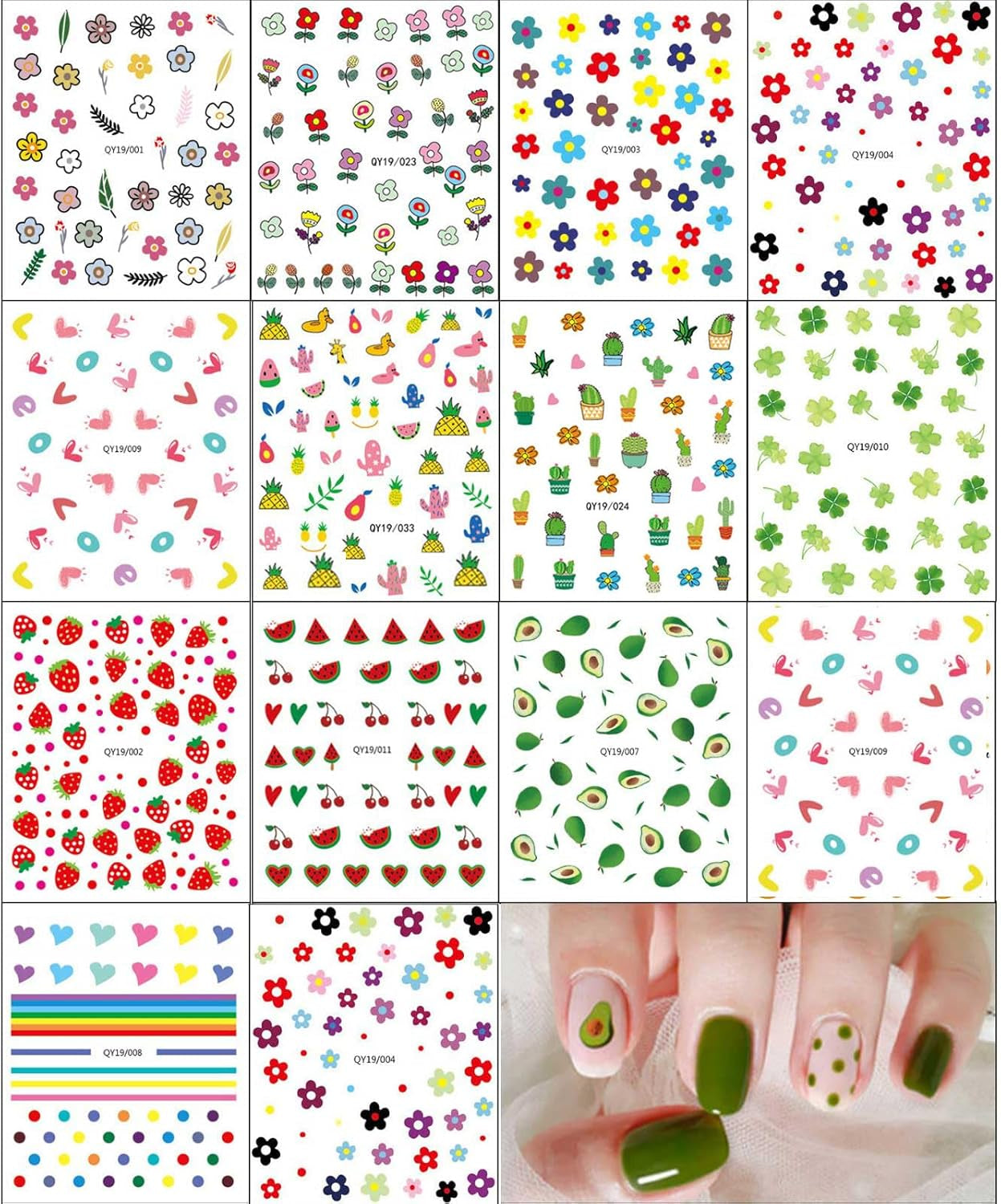 JMEOWIO Süße Nagelsticker Für Kinder 14 Blatt Nail Art Sticker Selbstklebend Nagelaufkleber Regenbogen Blumen Fruit Dekoration Nageldesign Zubehör