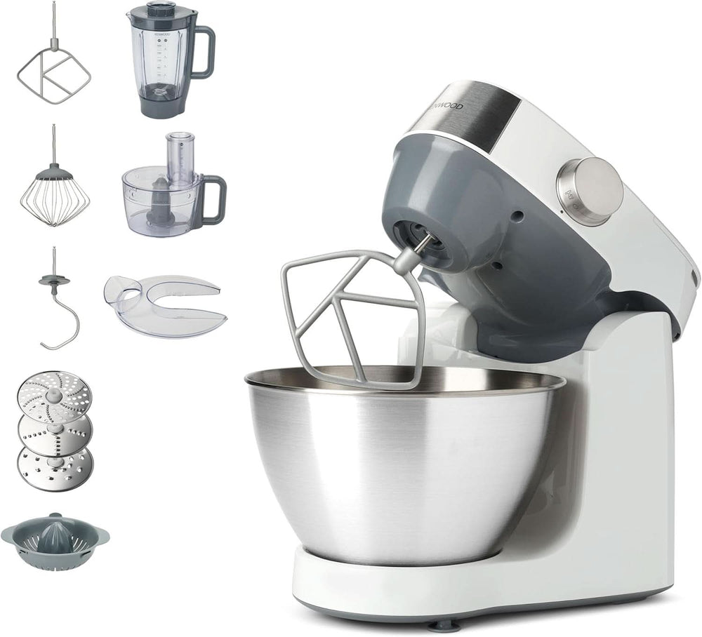 Kenwood Prospero+ KHC29A.R0SI Machine de cuisine, 4,3 L Edelstahlschüssel, Inkl. 10-Teiligem Zubehör-Set Mit Fleischwolf, Glas-Mixer, Zitruspresse, Entsafter Und Mehr, Inkl. Easyweigh Waage, 1000W, Argent Mère et Enfant Naty Shop Weiß Inkl. 7 Accessoires