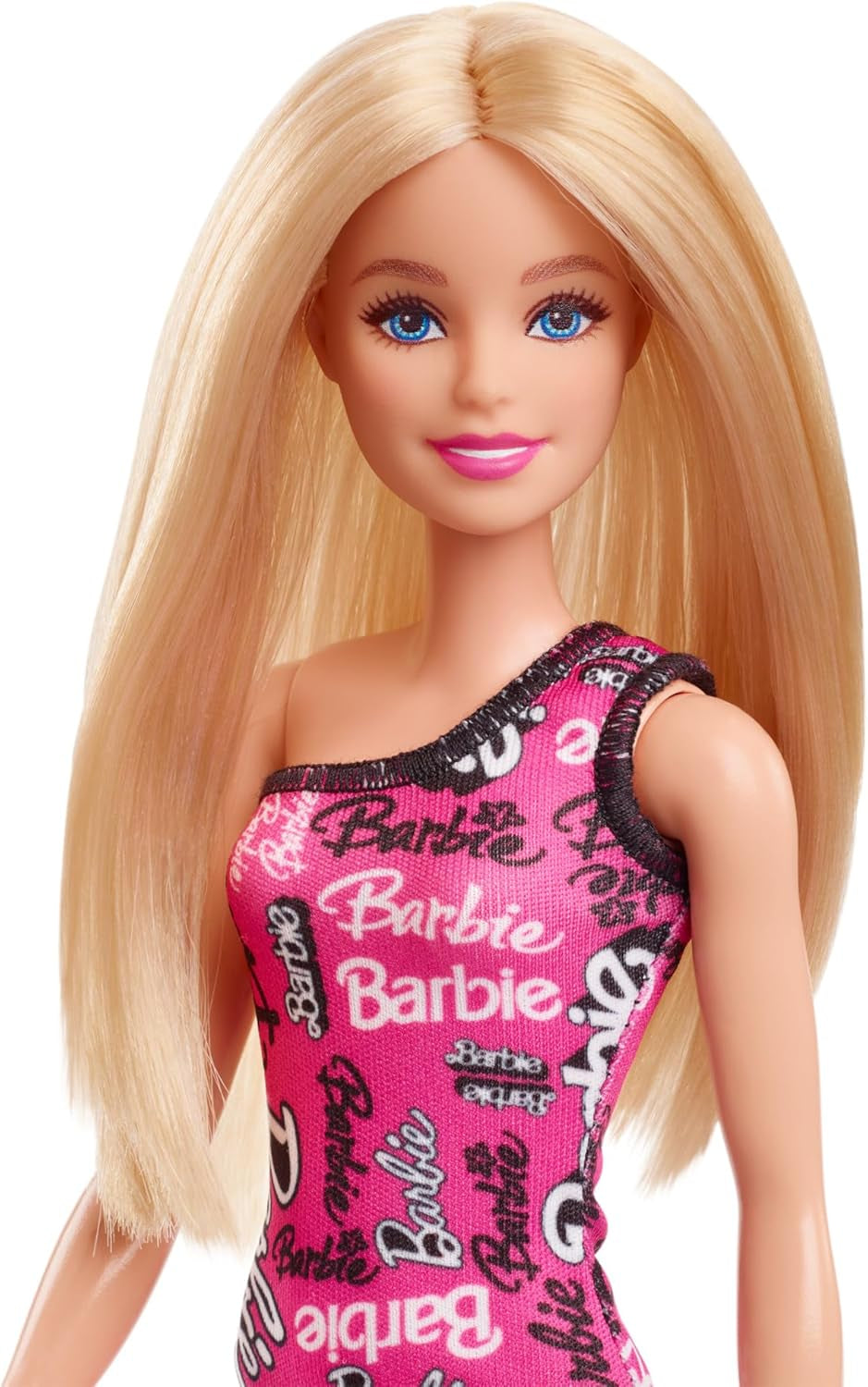 Poupée Barbie Fashion aux cheveux blonds raides en robe extensible rose à une épaule et chaussures avec logo imprimé HRH07 Naty Shop Dolls