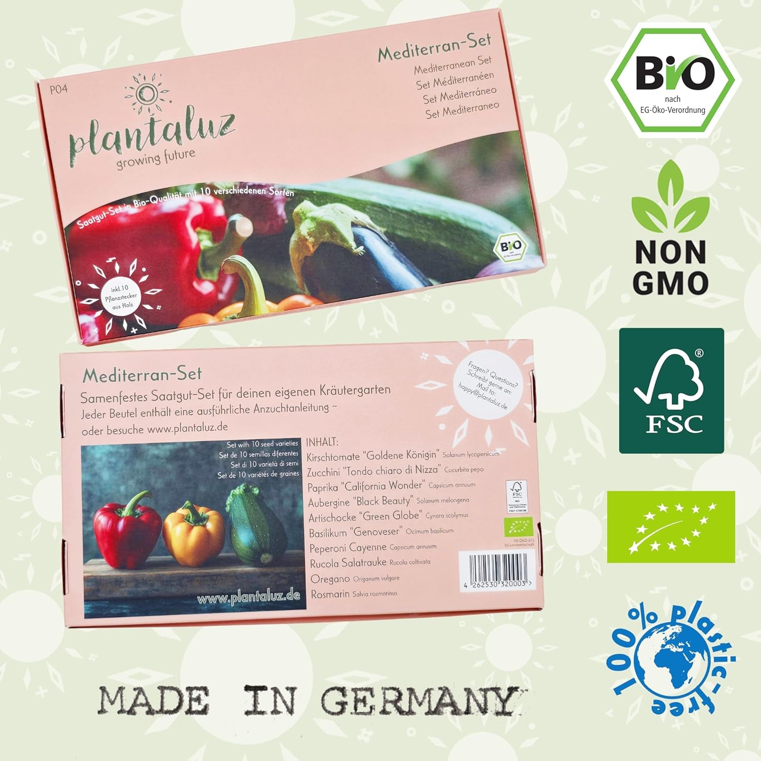 Plantaluz Premium Bio Seed Set P04 - Set de graines de légumes et d'herbes méditerranéennes avec 10 variétés pour jardin, balcon et plates-bandes surélevées - Y compris des bâtons de plantation FSC - Graines biologiques pollinisées et sans OGM