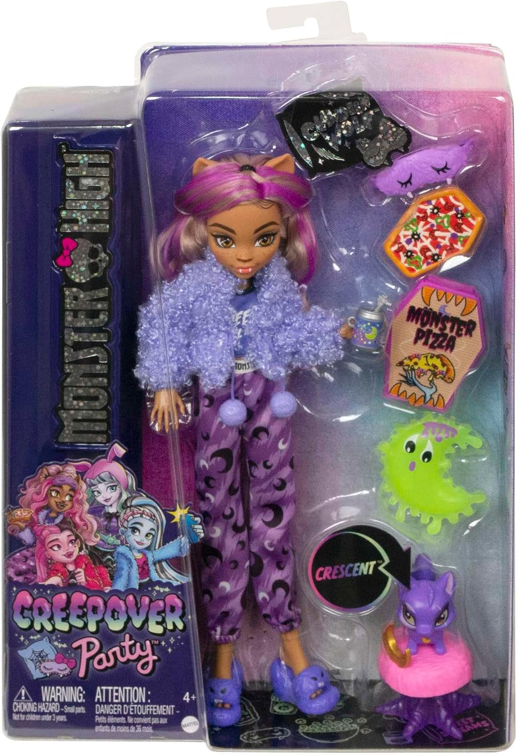 MONSTER HIGH Poupée et accessoires de soirée pyjama, poupée loup Clawdeen avec chat de compagnie, croissant, Creepover Party, HKY67