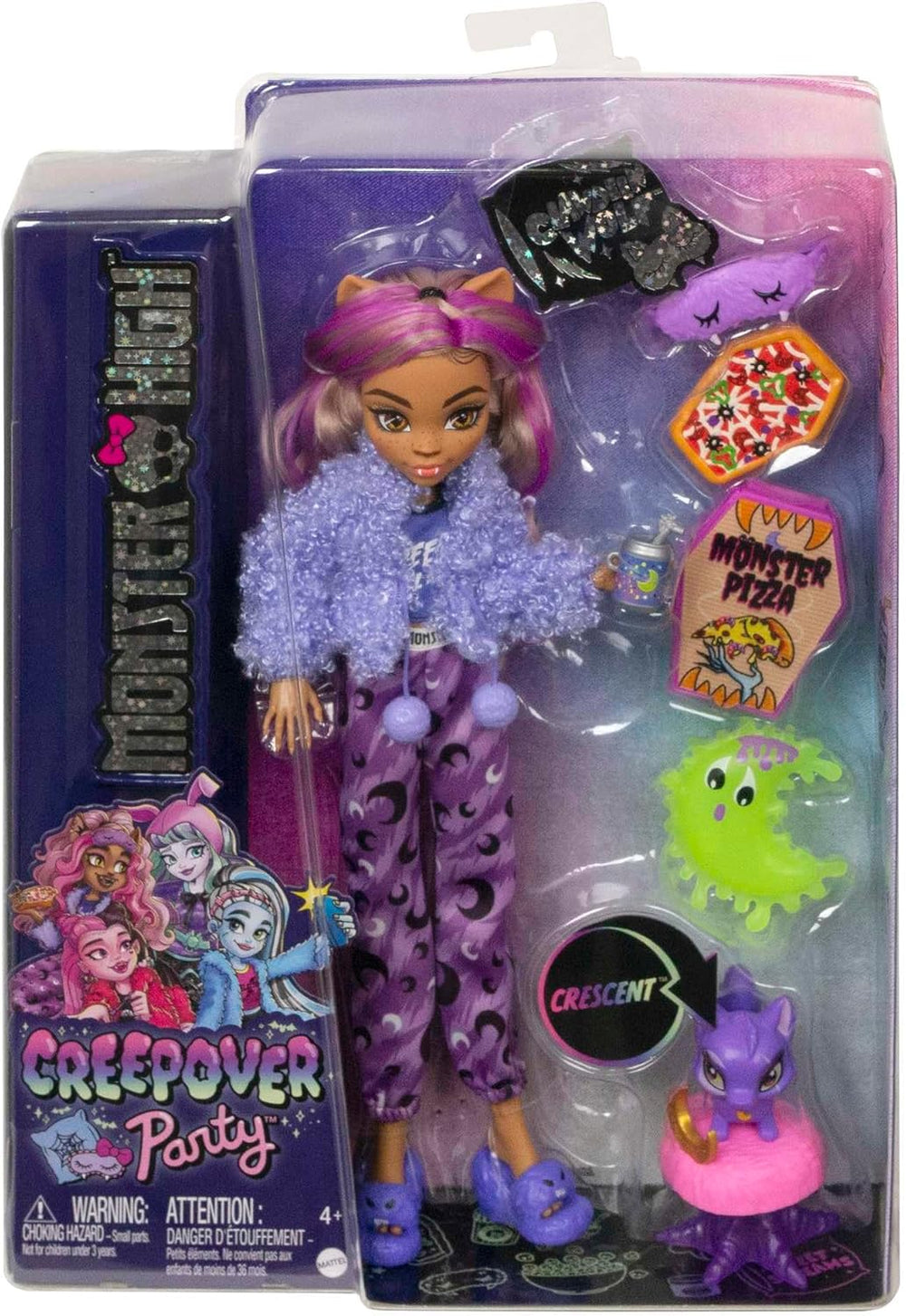 MONSTER HIGH Poupée et accessoires de soirée pyjama, poupée loup Clawdeen avec chat de compagnie, croissant, Creepover Party, HKY67