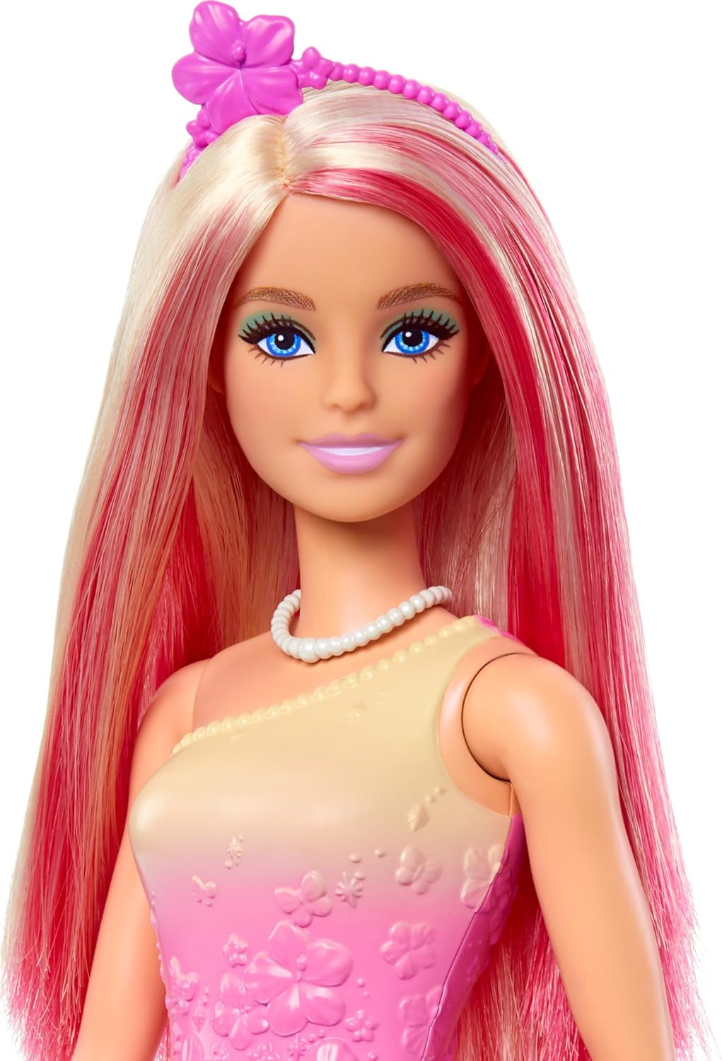 Poupée Barbie Royale avec cheveux fantaisie blonds et roses, accessoires colorés, haut dégradé rose et jupe papillon, HRR08 Naty Shop Dolls