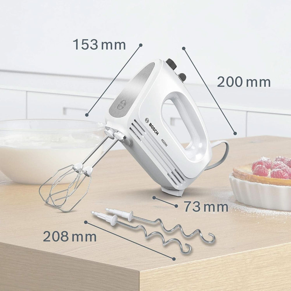 Bosch Hausgeräte Handrührer Clevermixx MFQ24200, 2 Rührbesen, 2 Spülmaschinengeeignet, 4 Stufen, Leicht, Leise, 400 W Blanc/Edelstahl Cuisine Naty Shop