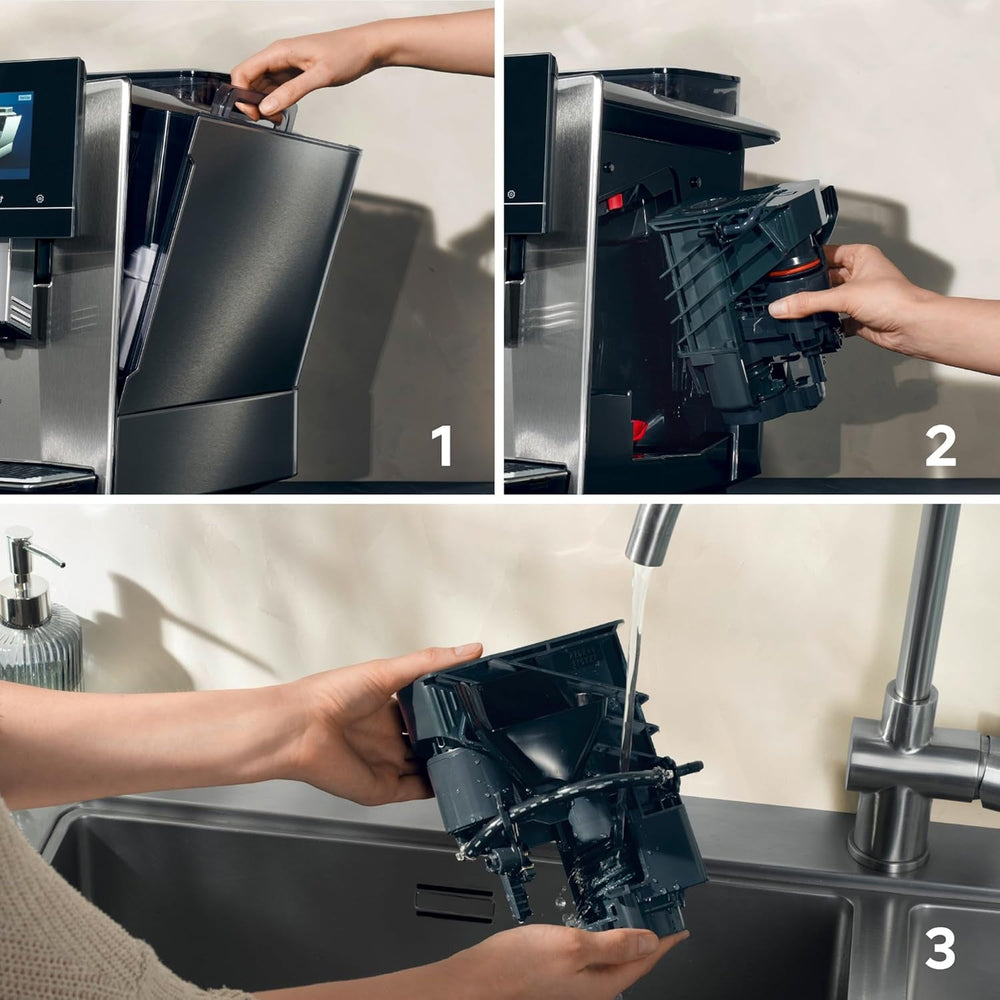 SIEMENS EQ900 TQ905D03 machine à expresso entièrement automatique, contrôle par application, écran tactile complet, mode barista, réduction du bruit, jusqu'à 10 profils, broyeur premium, nettoyage vapeur automatique, 1500 W, acier inoxydable