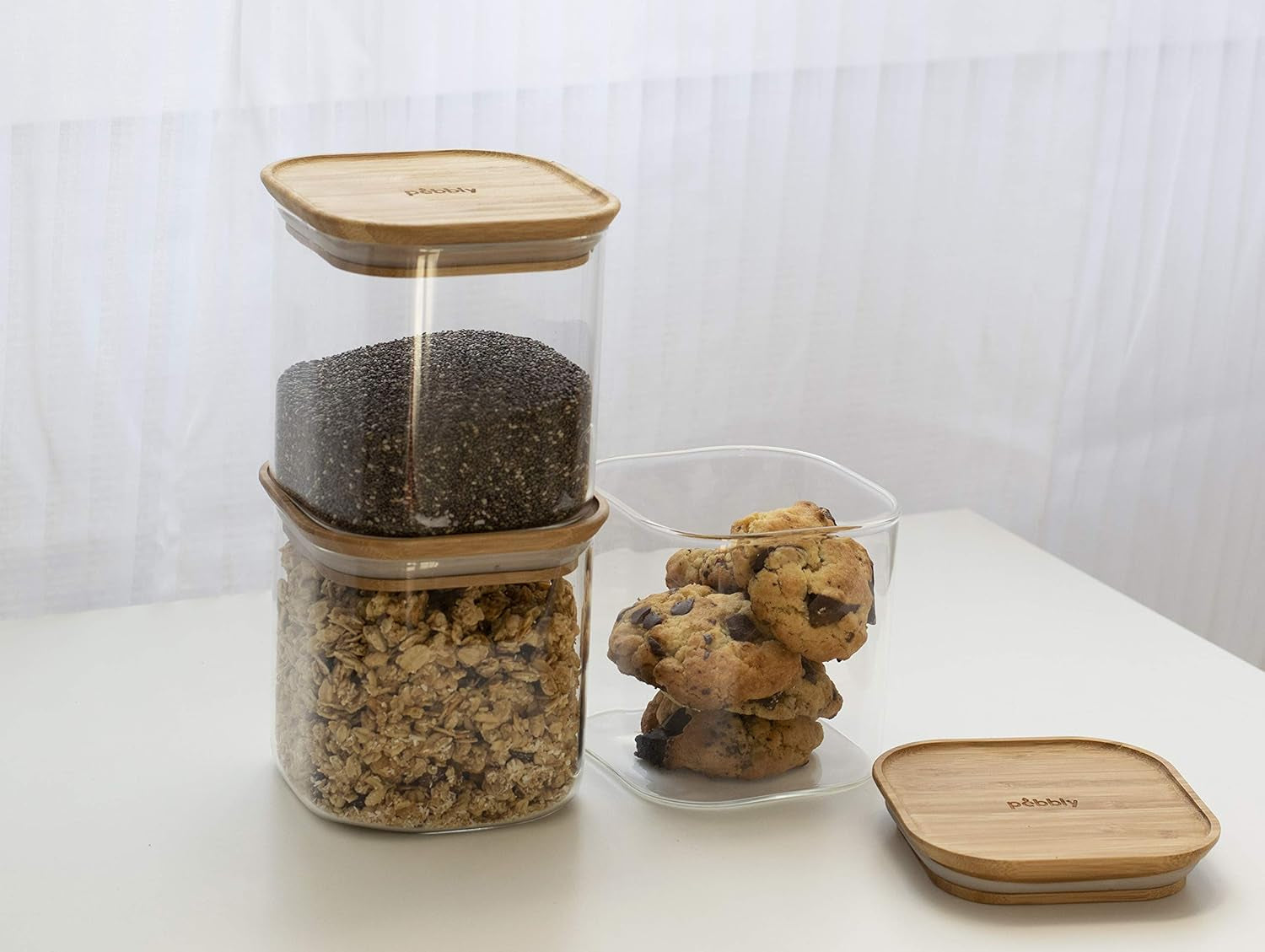 Lot de 3 récipients carrés en verre avec couvercle en bambou - 800 ml, verre borosilicate, bambou, silicone, naturel, 11 x 11 x 11 cm Boîtes de conservation alimentaire Naty Shop