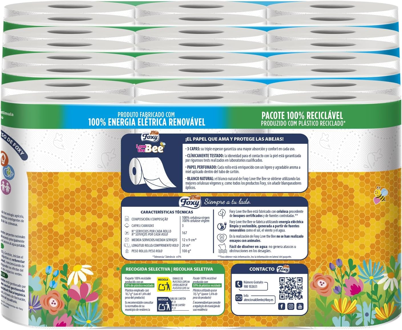 J’aime l’abeille | Papier toilette 3 épaisseurs | 48 rouleaux | 167 services de rouleaux | Certificat Fsc | Électricité 100% renouvelable | Emballage recyclable fabriqué à partir de plastique recyclé