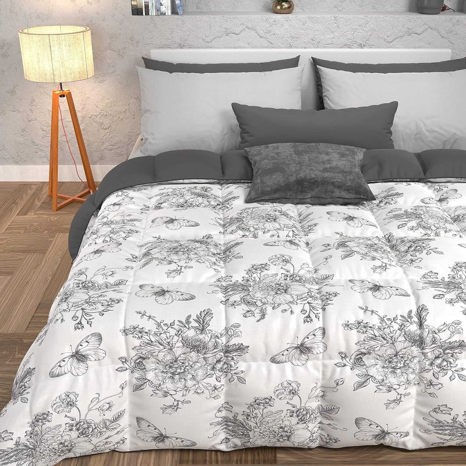 PETTI Artigiani Italiani - Couette d'hiver, Couette d'hiver, Couette simple, Double face, Impression monochrome et numérique, microfibre 100% hypoallergénique, Made in Italy Couettes et couettes Naty Shop Botanic 03 Gris Lit simple